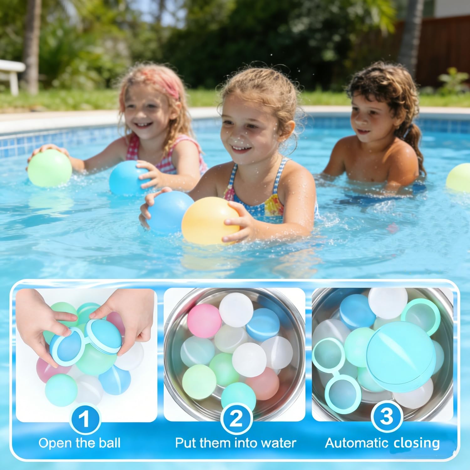 Wasserbomben Wiederverwendbar, Silikon Wasserbombens Selbstschließend mit Netzbeutel, Wasserballoons Sommer im Freien für Strand, Poolparty, Wasserspielzeug