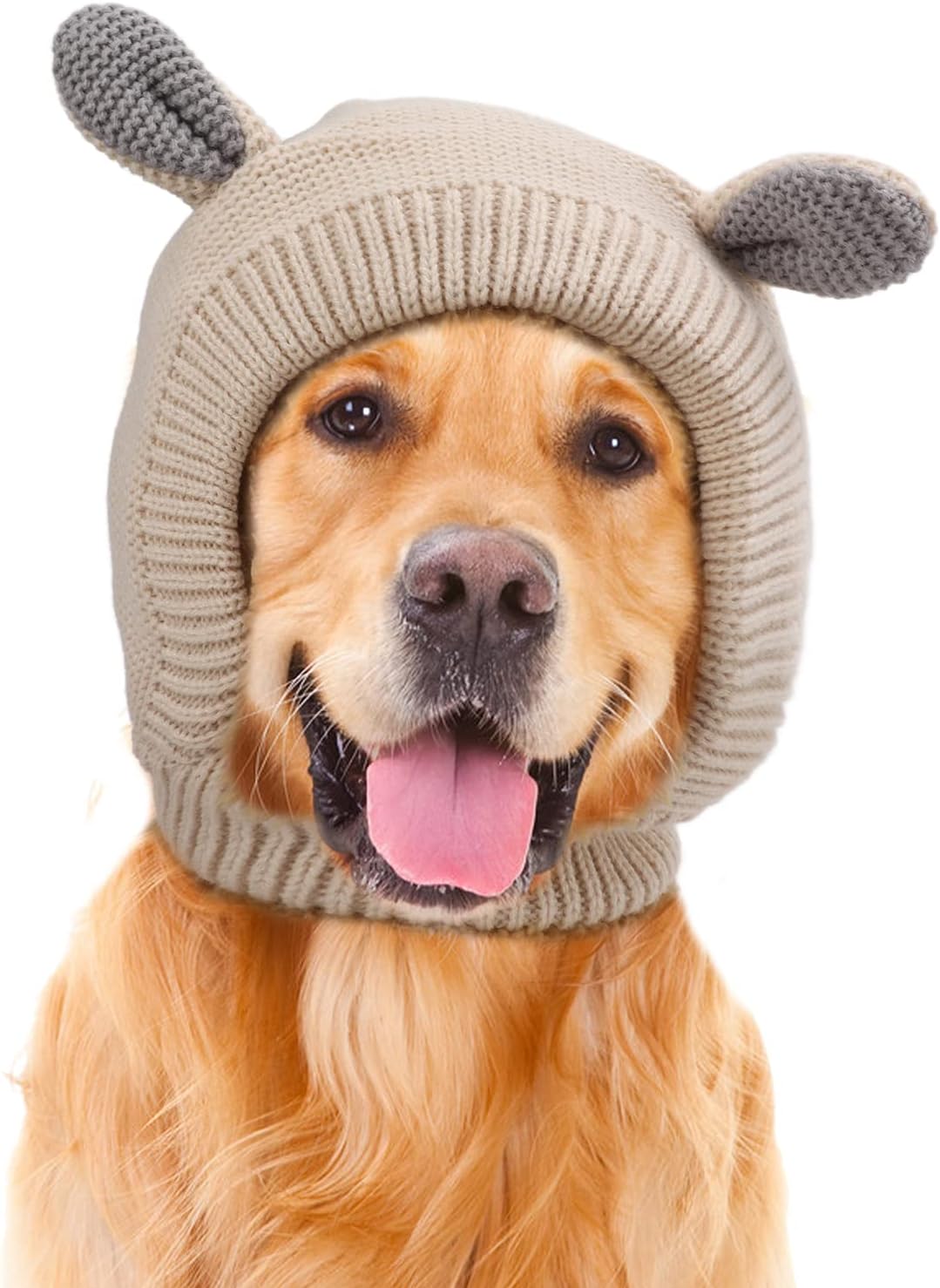 LEEZAD Pet Hat, Knitted Rabbit Ear Pet Hat, Washable Noise Protection Warm Dog Grooming Earmuffs Hat for Dogs Hiking, Cold Weather Camping (Beige)