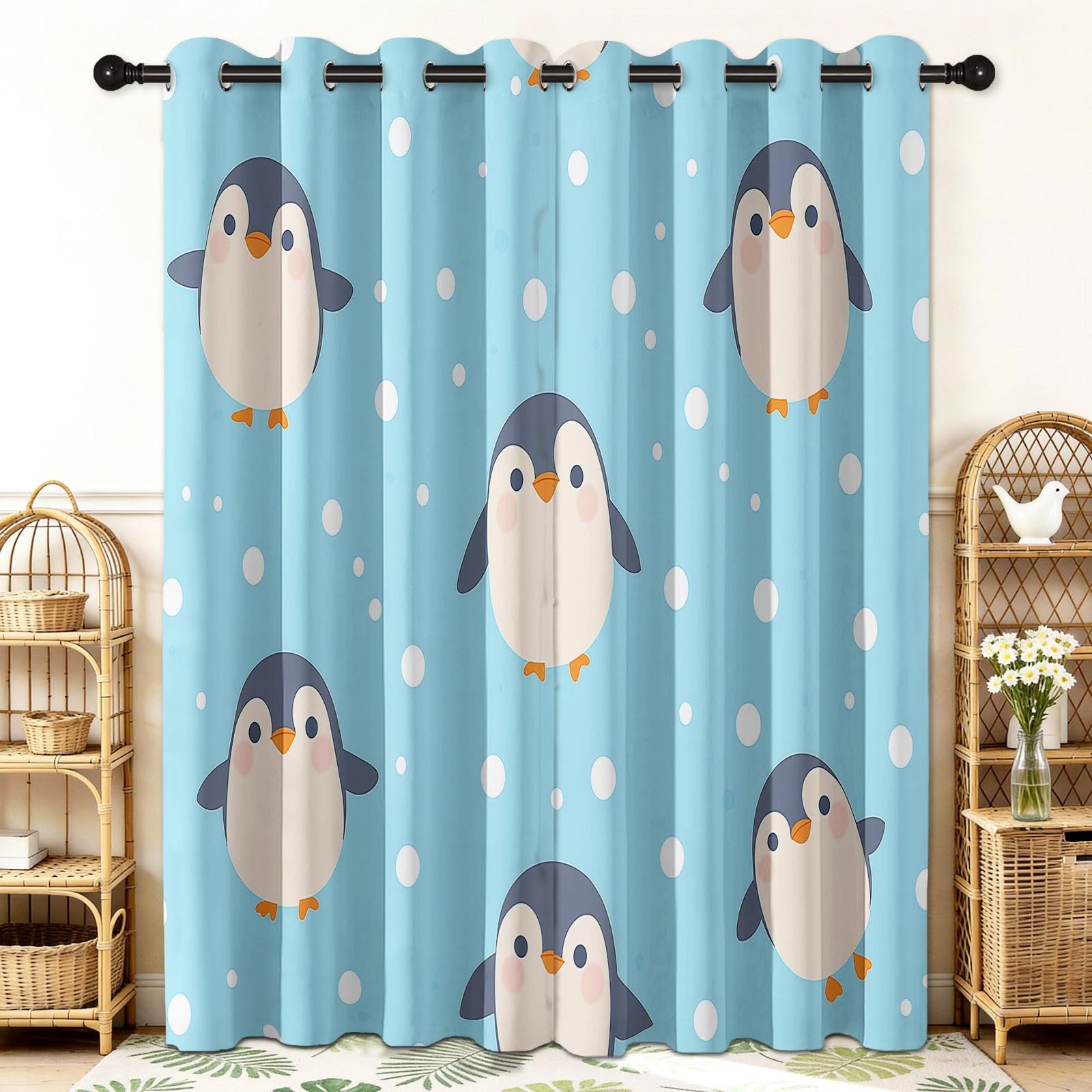 Niebieskie zasłony zaciemniające 117 x 229 cm pingwin z kreskówek z kropkami - grube i miękkie, izolowane termicznie zasłony z tkaniny do salonu, biura lub pokoju, 2 sztuki