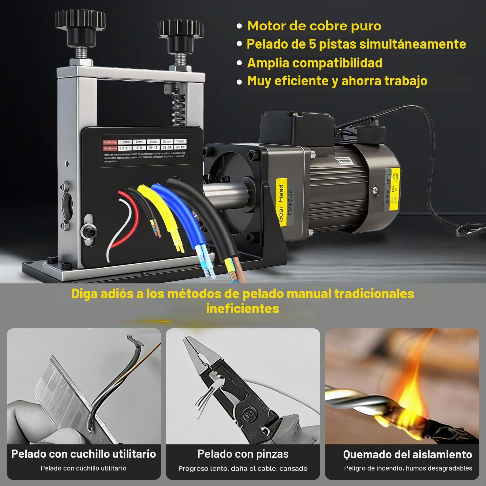 Máquina Automática Pelacables Eléctrica 3–17 mm, Pinza Pelacables para Cables de Cobre, Máquina de 5 Canales para Reciclaje de Cables (Sin Batería ni Cargador)