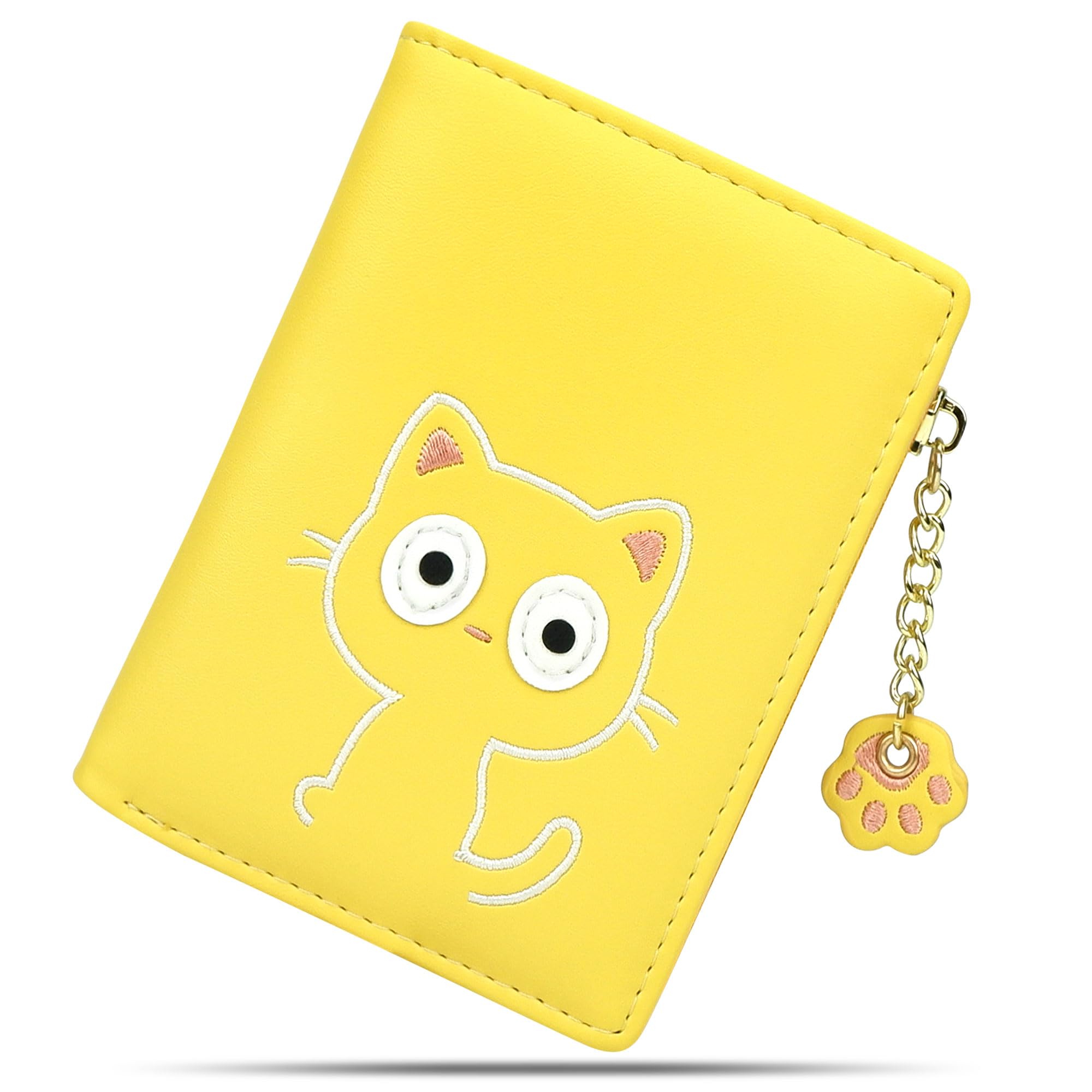CONISY Small Wallet for Women, Vegan Leather Bifold RFID Blocking Cute Wallet with Coin Purse, Gift Ideas for Teen Girls Ladies (Cat Yellow)