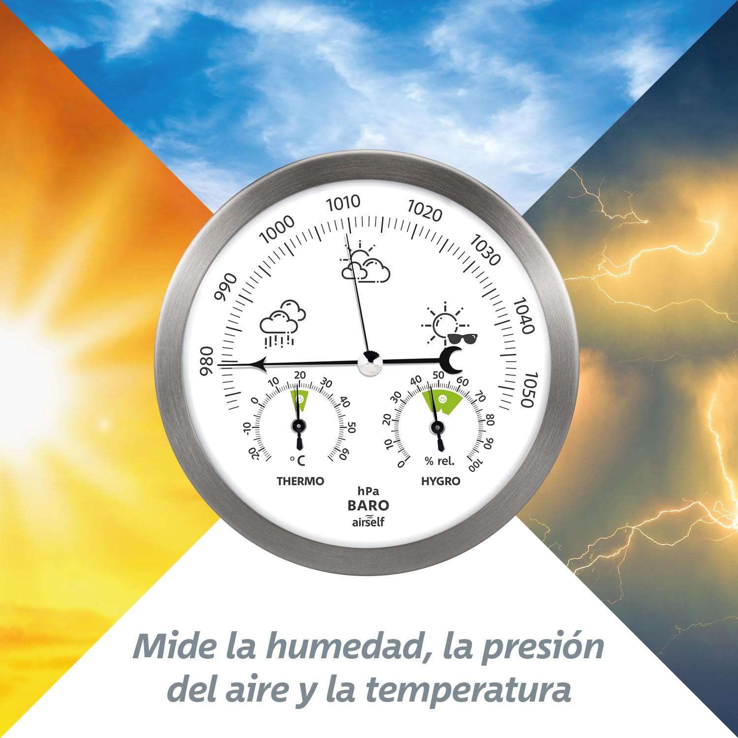 airself Estación meteorológica analógica para Interiores y Exteriores - con barómetro, termómetro, higrómetro - Acero Inoxidable