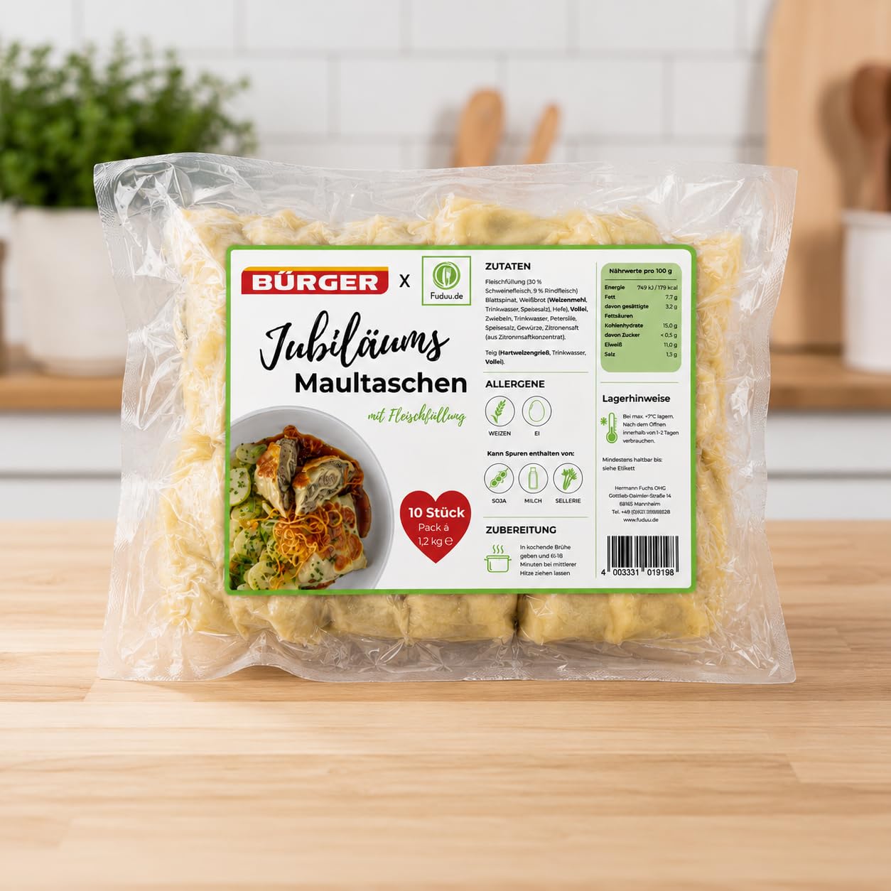 BÜRGER x Fuduu.de - Jubiläums-Maultaschen mit Fleischfüllung, 1,2 kg Beutel, traditionelle schwäbische Maultaschen, Manufaktur-Maultaschen (3 x 1,2kg)