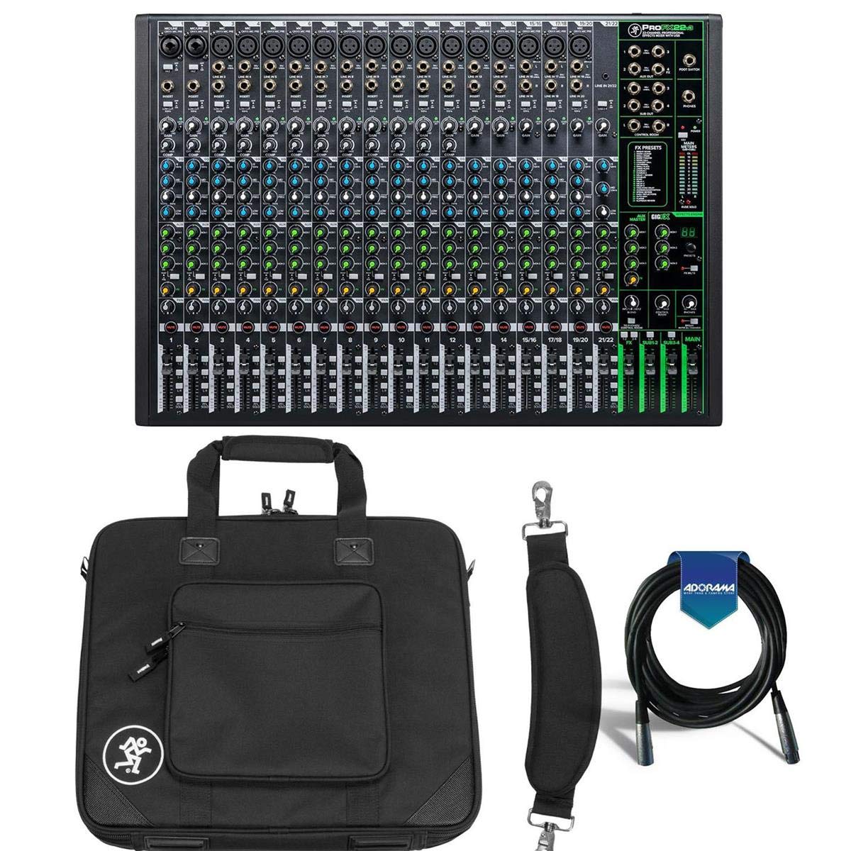 Mackie ProFXv3 22-Channel Professional Effects Mixer with USB + Software Bundle - Bundle With Mackie Carry Bag for ProFX22v3 Mixer, 20' Heavy Duty 7mm Rubber XLR Microphone Cable