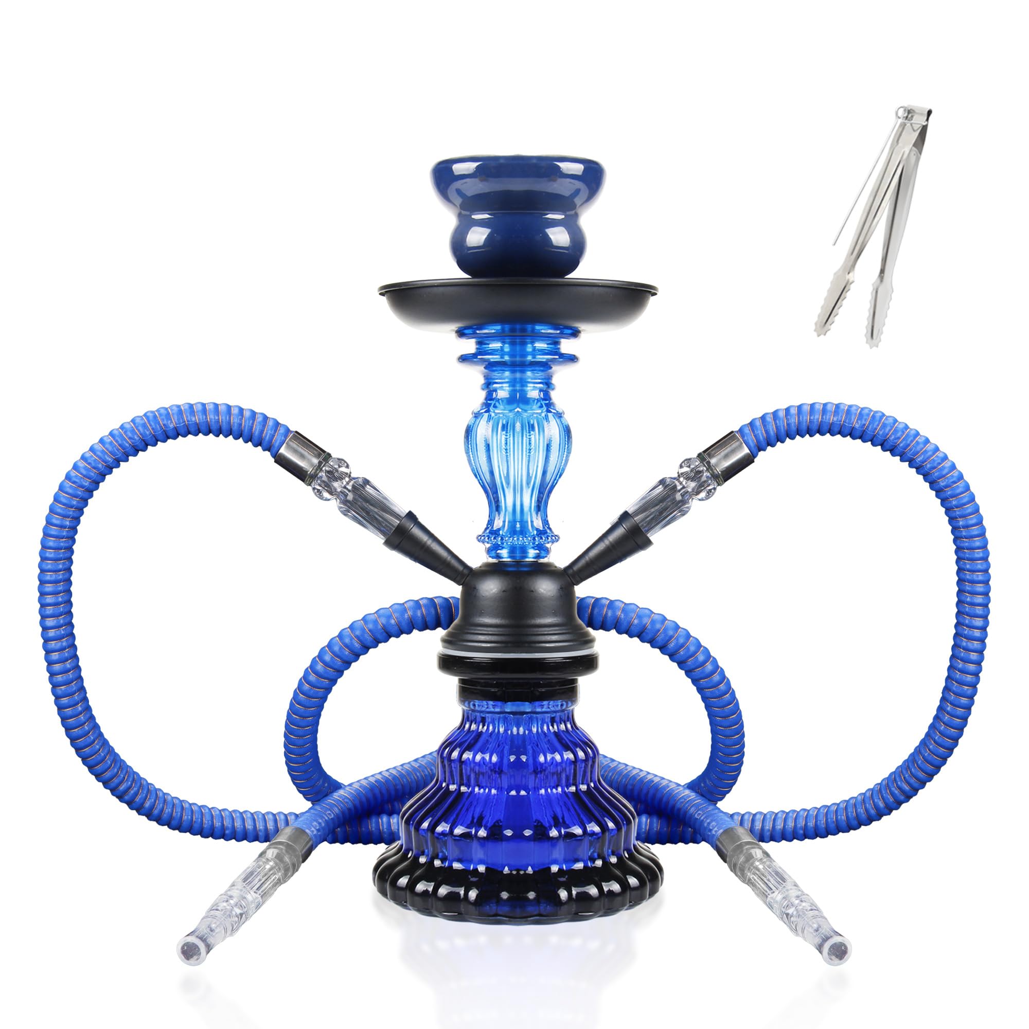 Hookah 2 Hose Complete Set Silicone Tube Ceramic Bowl Hookah Smoking Glass Shisha with Heat Management System Blue