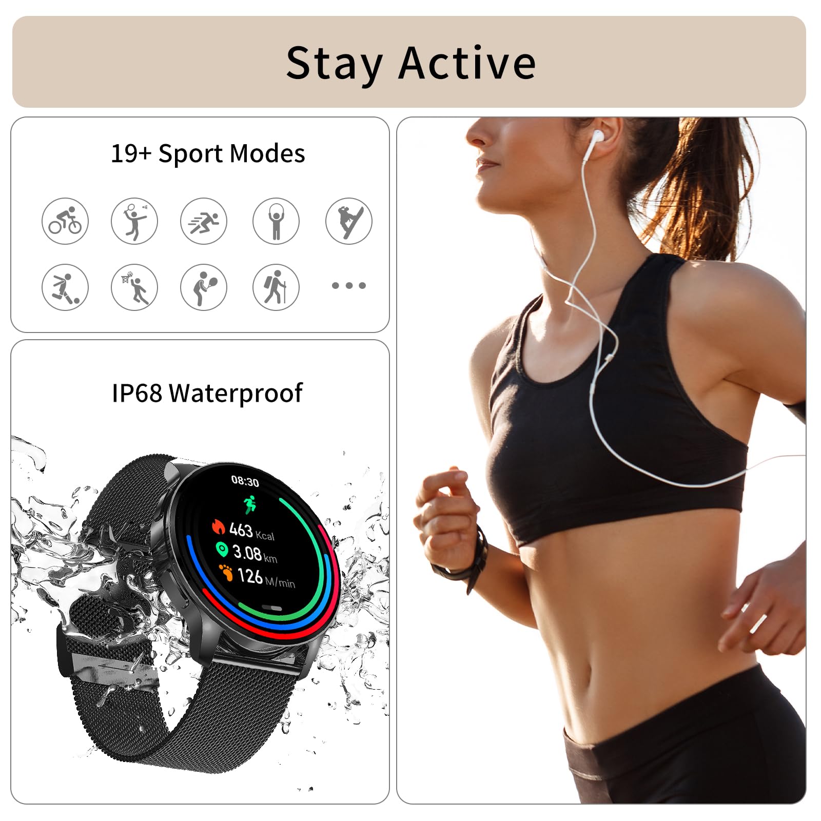 Smartwatch Damski Męski Inteligentny Zegarek Telefon 1.34" Ekran Dotykowy HD Zegarek Fitness Okrągły Wodoodporny Krokomierz Monitor Cykl Menstruacyjny Prezenty Android IOS [3 Paski]