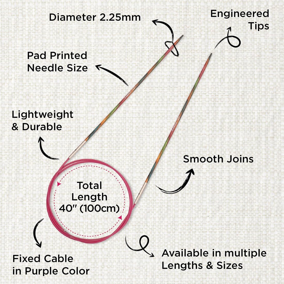 KNITPRO 100 cm x 2.25 mm Symfonie Fixed Circular Needles, Multi-Color