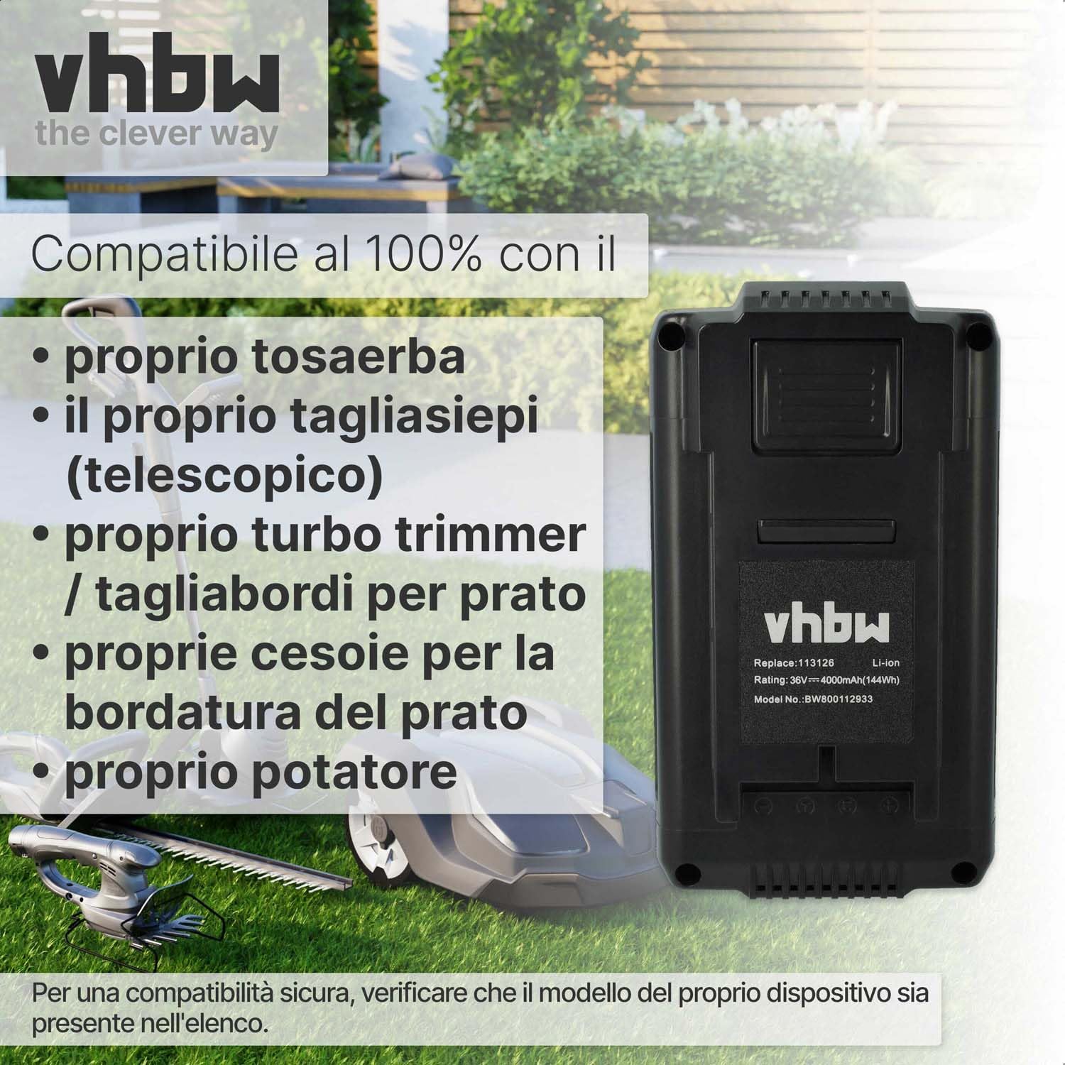 vhbw batteria sostituisce AL-KO 113124, 113126, 113280, 9113280, B150, B200 per tagliaerba, robot tagliaerba (4000mAh, 36V, Li-Ion)