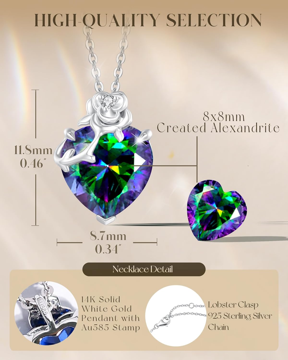 FANCIME 14K Solid White Gold Rose Pendant with Sterling Silver Chain Heart Birthstone Gemstone Fine Jewelry Mothers Day Gifts for Women Her - Image 4