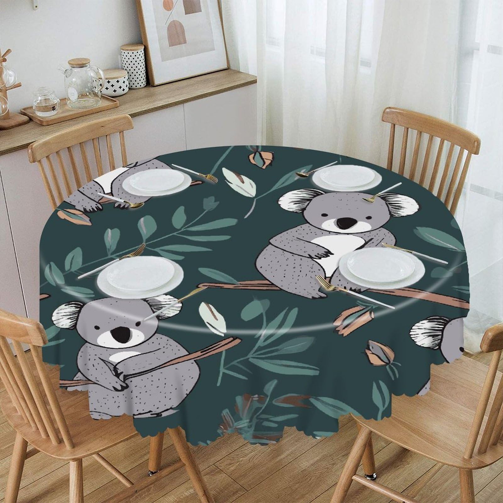 FekiLoot Lovely Koala Round Tablecloths 60 Inch Resistant Washable Polyester Table Cloth Style Decorative Circle Fabric Table Cover for Dining Kitchen Party Farmhouse Outdoor