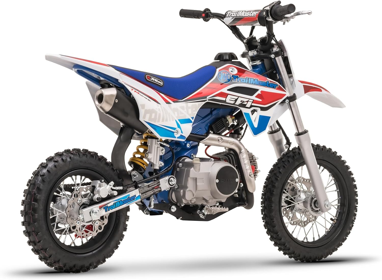 Front view of the Trailmaster TM SK110ES dirt bike, showing the front wheel, suspension, and handlebars.