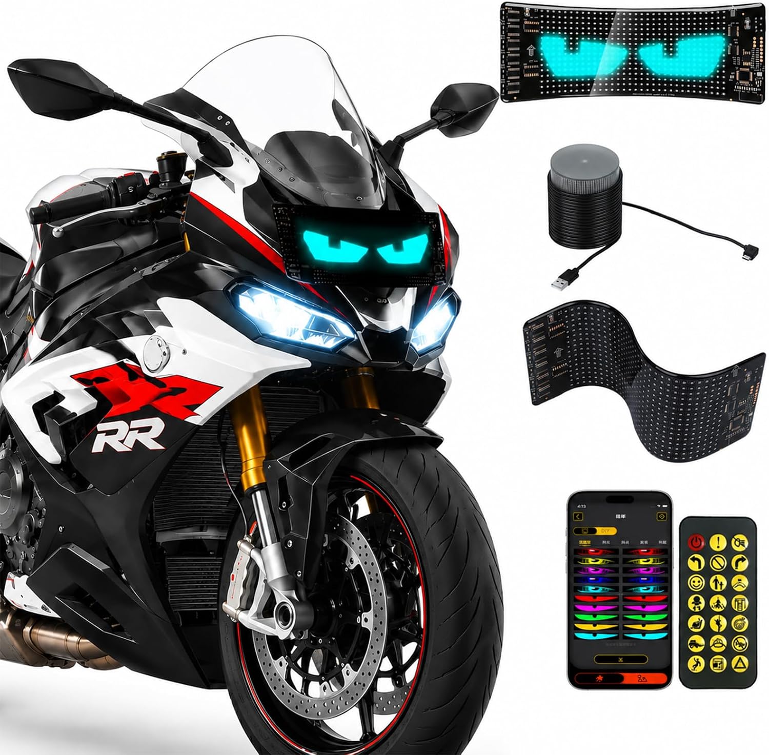 Devil Eyes Light for Motorcycle Windshield, 7''x3'' Flexible Animated LED Eyes, Bluetooth APP & Remote Control Custom Text Pattern Dynamic LED Sign for Car Taxi Sedan SUV