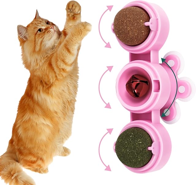 Chutoral 3in1 Windmill Catnip Balls Toy Rotatable Licking Treats Toys for Cats Cat Nip Ball Cat Toys Catnip Edible Balls Catnip Edible Wall Ball for Kitten Pink