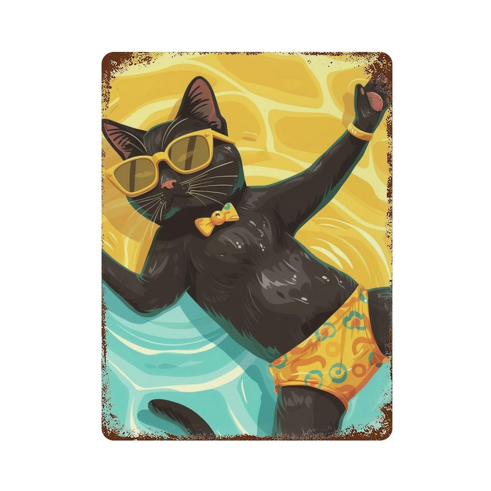 Cat in Pool Weathered Tin Sign 15.7"x11.8", Shabby Chic Decor for Garage, Pub Or Kitchen