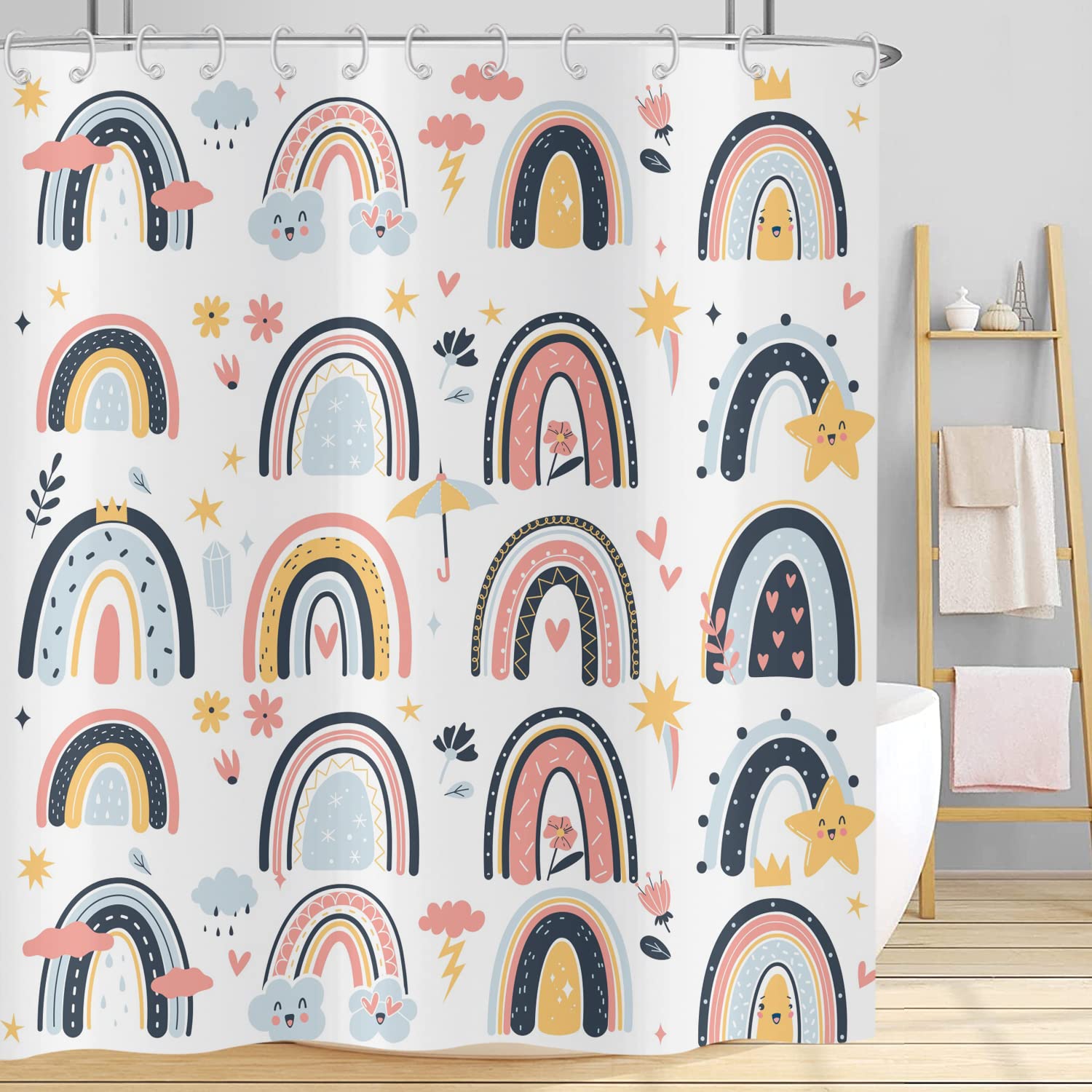 Hnmdmyi Rainbow Shower Curtain 120x200, Boho Abstract Rainbow Shower Curtains Colorful Cute Kids Cartoon Bathroom Curtains with Hooks Waterproof Polyester Fabric Washable Bath Curtains for Wet Room