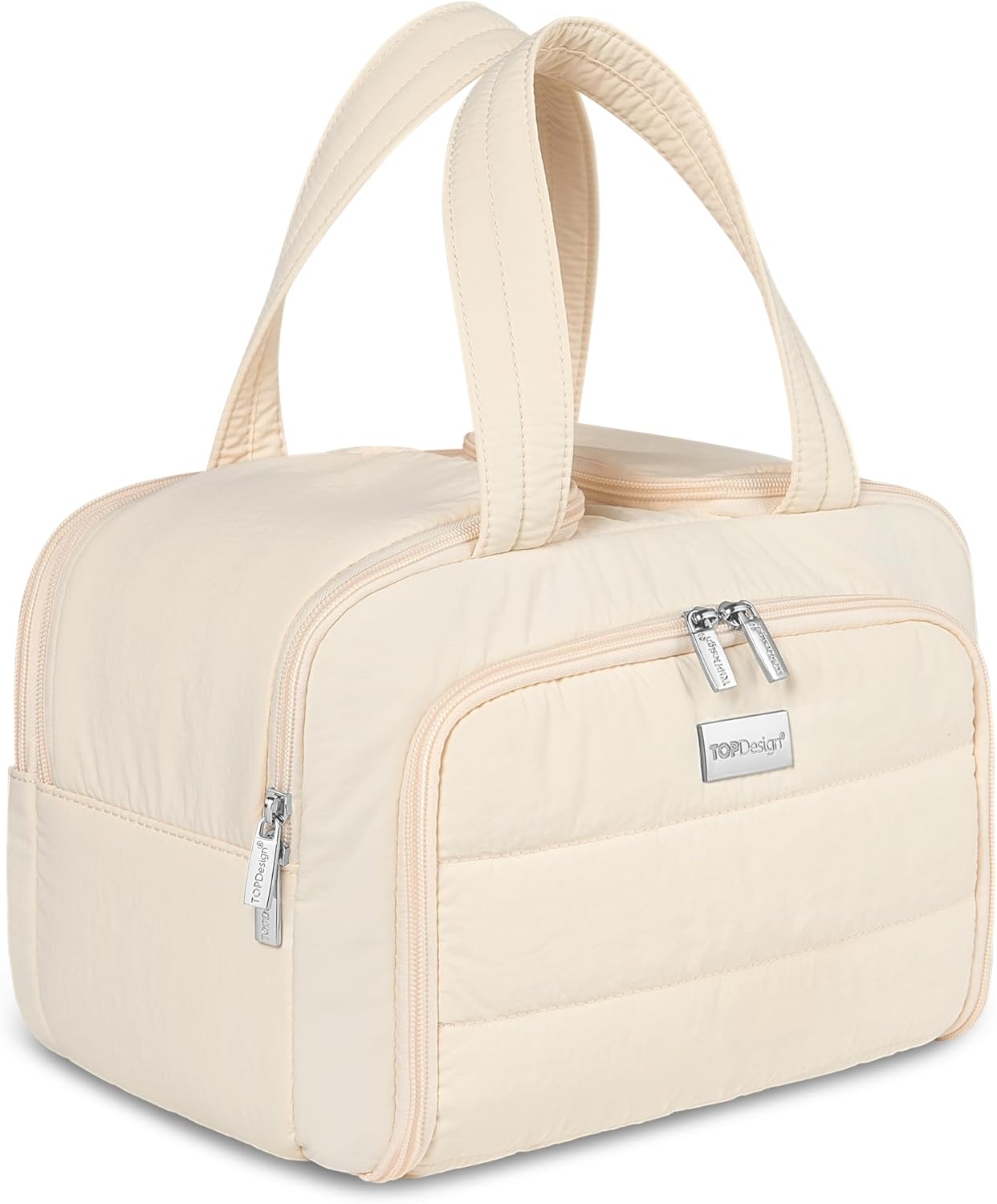 TOPDesign Travel Toiletry Bag for Women, Puffer Large Toiletry Bag, Lightweight Cosmetic Makeup Organizer with Handle for Traveling, Accessories, Essentials, Toiletries (Beige)