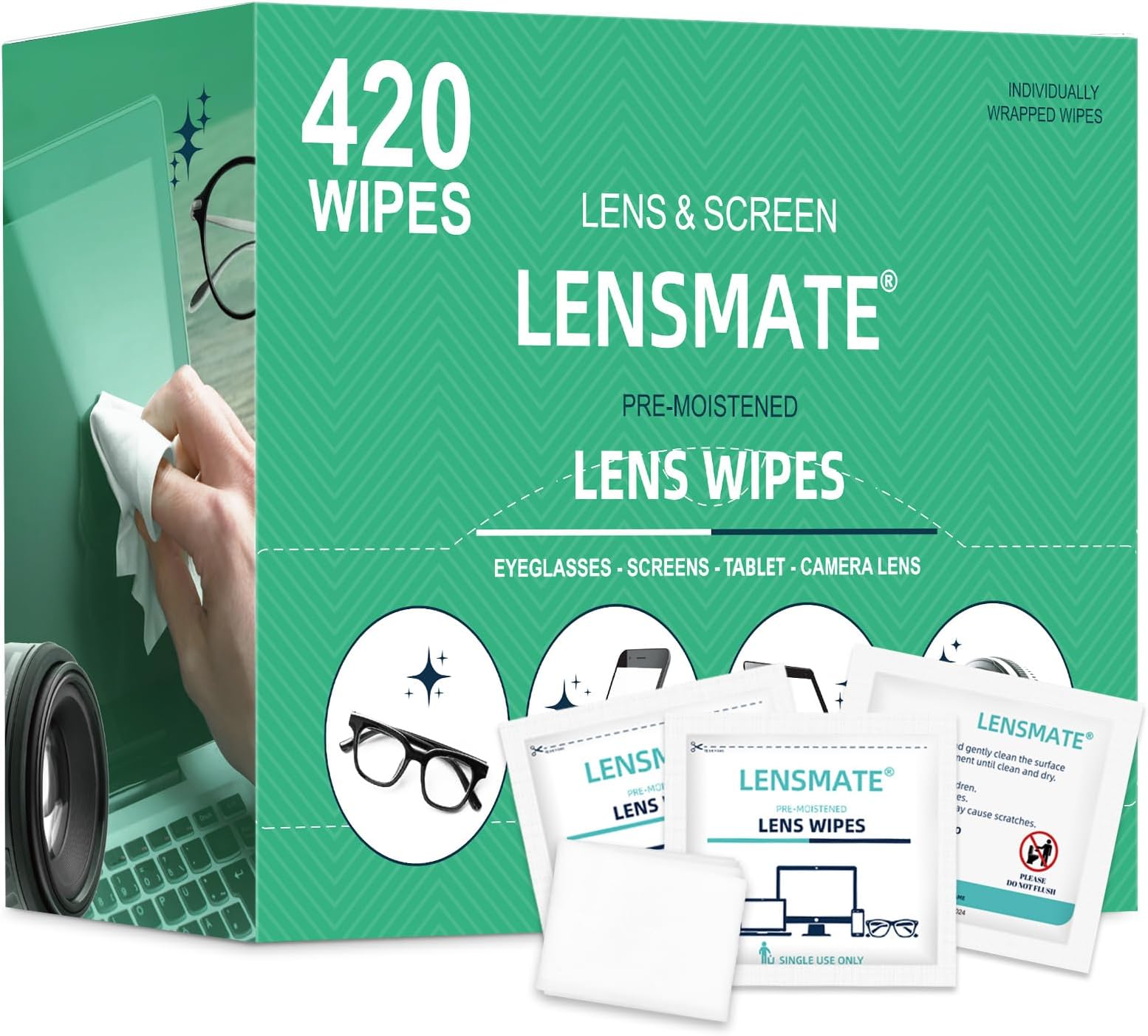 Lensmate420 Count Lens Wipes for Eyeglasses, Pre-Moistened & Individually Wrapped Eyeglass Wipes, Lens Cleaning Wipes for Eyeglasses, Sunglasses, Goggles and Camera Lens