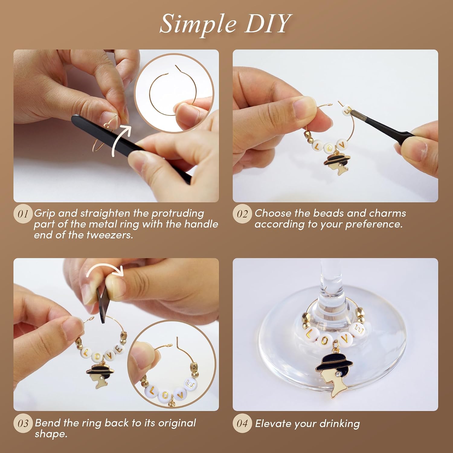 DIY Wine Glass Charms Kit, 25pcs Personalized Reusable Drink Marker Tags, Glass Identifiers for Wine Tasting Party, Unique Hostess Gifts & Party Decorations