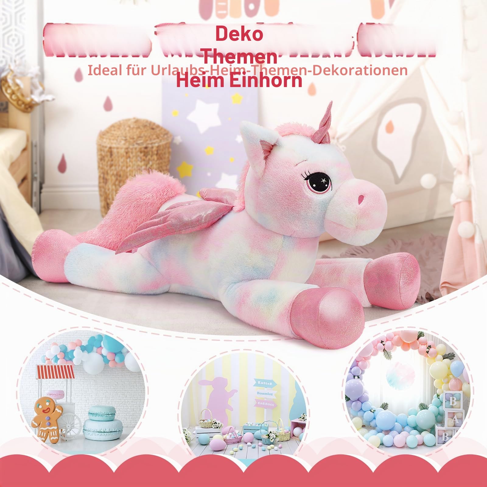 MorisMos Einhorn Kuscheltier groß XXL mit flügel, 110cm riesen Einhorn Stofftier Plüschtier, Geschenk für Kinder Mädchen-Bunt Rosa