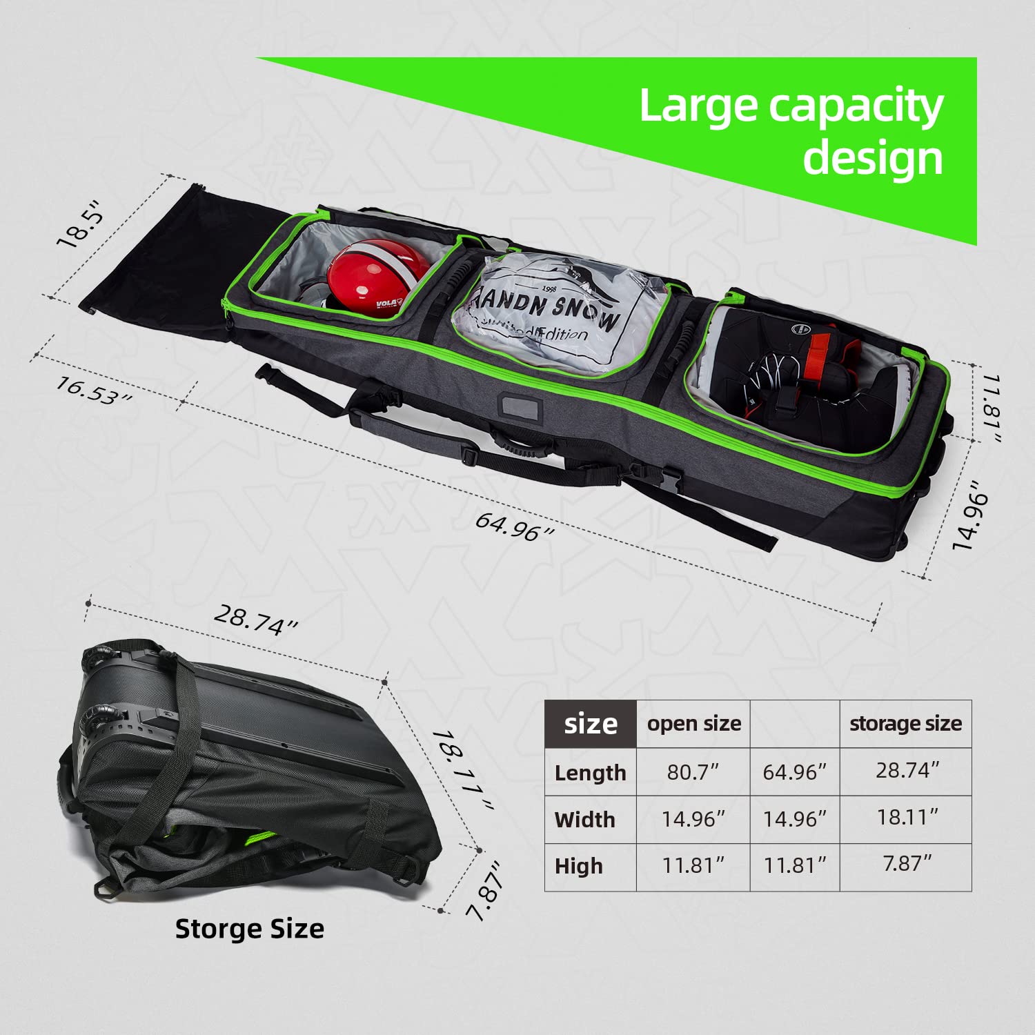 XCMAN - Borsa da Snowboard con Ruote, Lunghezza Regolabile per Viaggi in Aereo, Extra Lunga, Larga, Profonda, Impermeabile, con Stecche di Protezione in ABS e Dorso in Polipropilene, Versione 2020