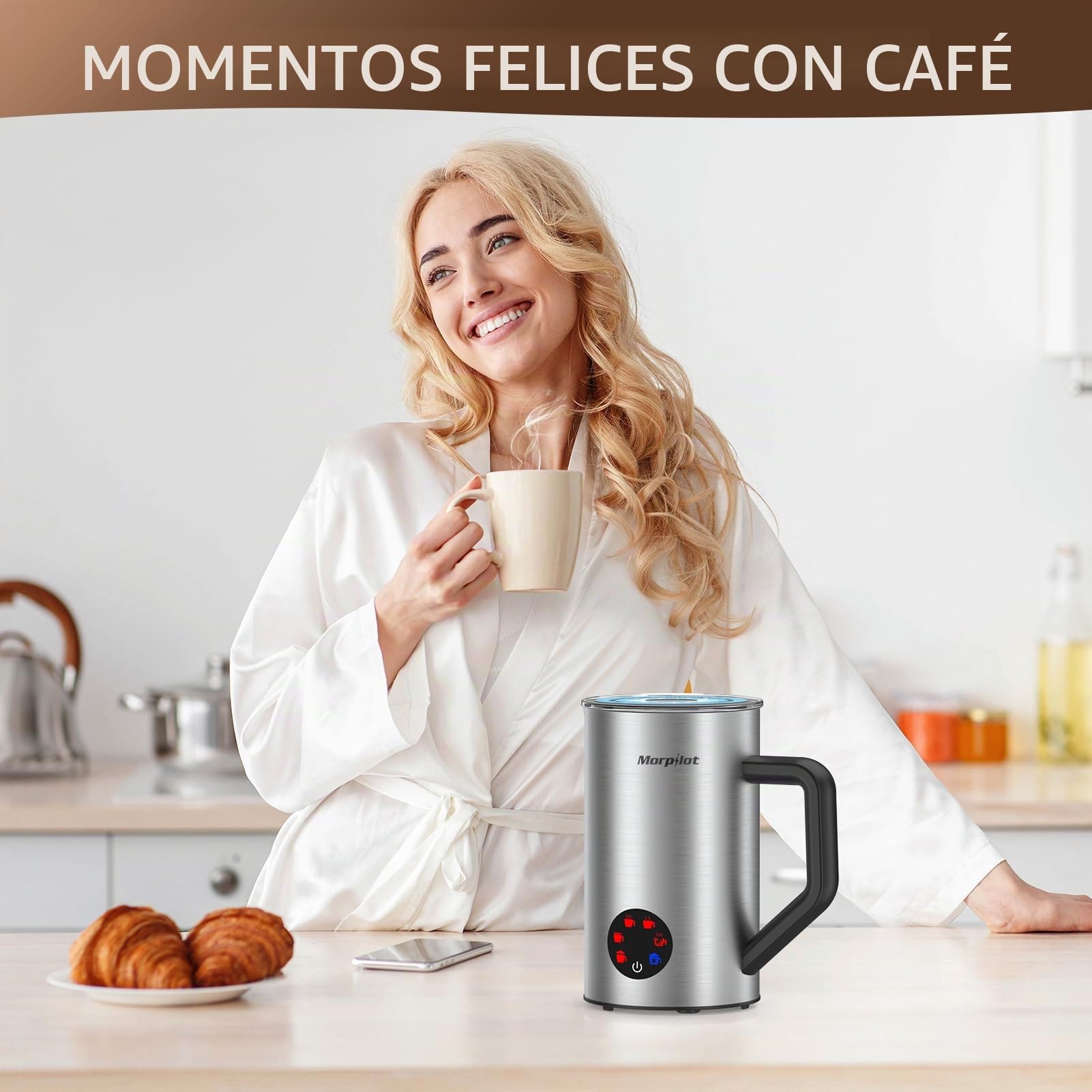 Morpilot Espumador de Leche Eléctrico, Milk Frother 6 en 1 para Leche Caliente y Chocolate, Espuma Caliente y Fría, 350 ml, 550 W, Acero Inoxidable