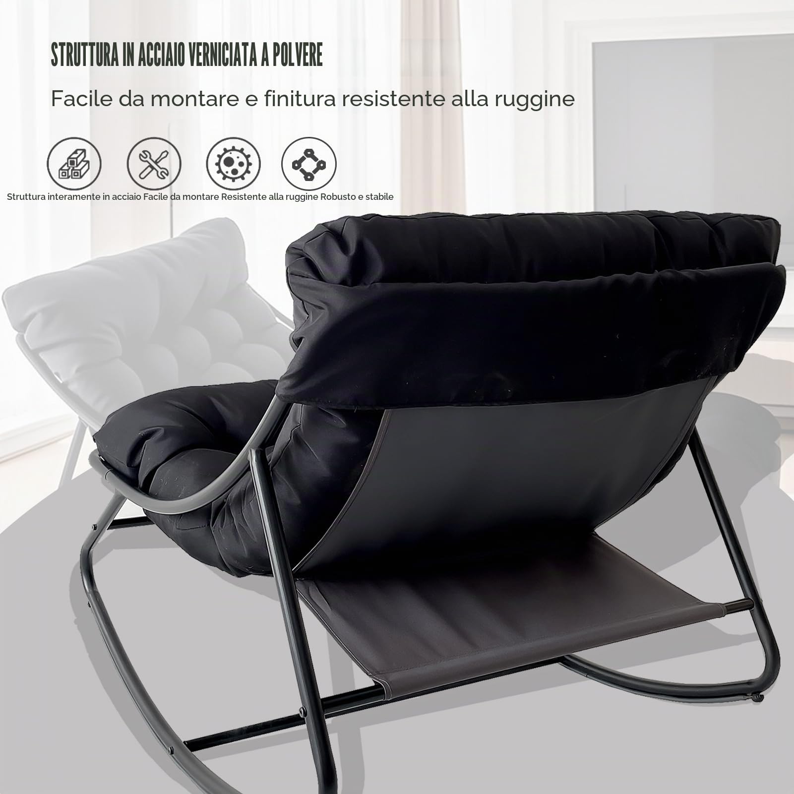 Poltrona a Dondolo da Esterno, Sedia a Dondolo da Esterno con Pouf, Poltrona da Lettura a Salotto con Cuscino Imbottito, Portata 150kg, Rocking Chair per Salotto Terrazza Camera Studio (Grigio)