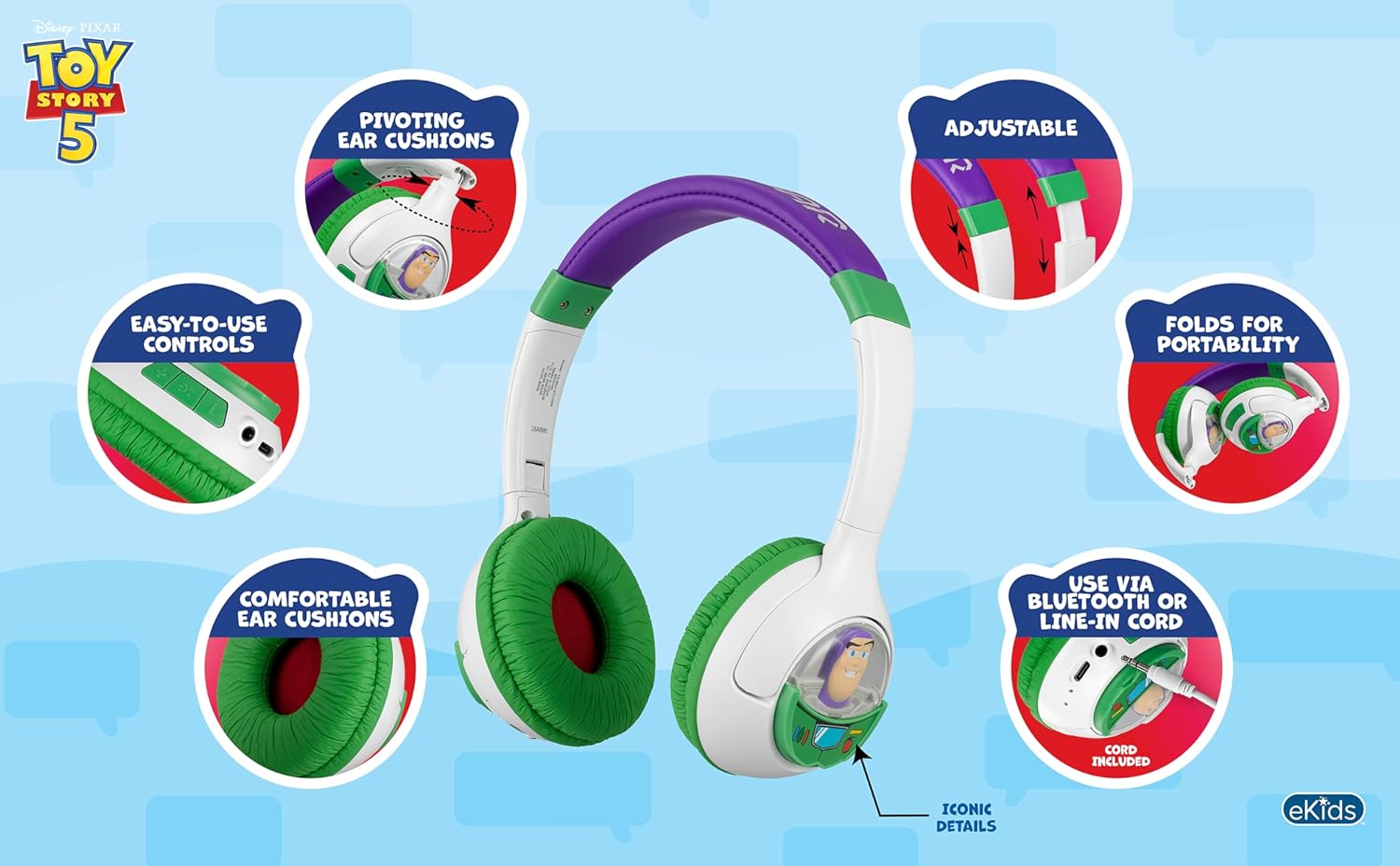 Toy Story 5 Buzz Lightyear Bluetooth Headphones for Kids, Wireless Headphones for School, Home or Travel