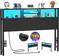Aheaplus Queen Size Headboard with Charging Station, USB Ports, LED Lights, Storage Shelves - Adjustable Height, Reversible Black
