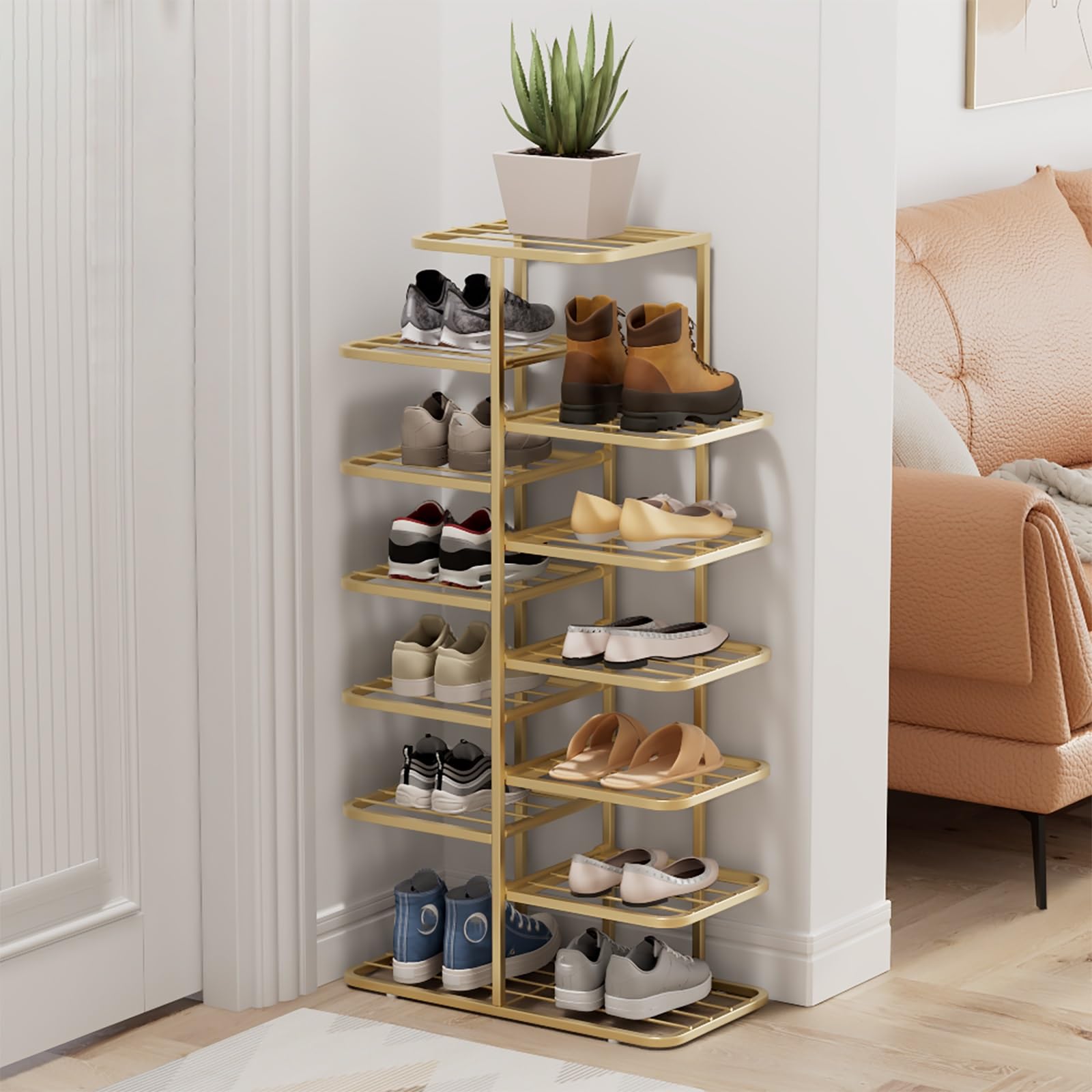 Schuhregal Metall Vertikales Schuhablage Offener Schuhschrank Hoch, Schuh-Organizer für Flur Schlafzimmer Eingangsbereich, Einfache Montage(Gold,93cm/36.6in)