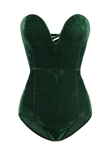 Choies Women's Burgundy/Black Sexy Plunge Neck Strapless Cross Back Velvet Bodysuit - Large - Green-new