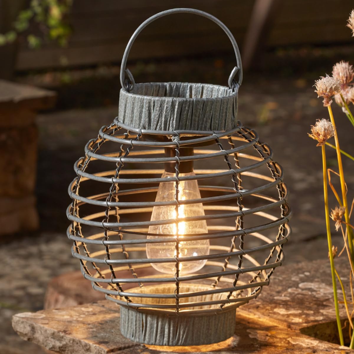 Festive Lights - 23cm Solar Grey Terra Rattan Effect Hanging Garden Lantern - Outdoor Filament Style LED Warm White Light, Faux Wicker - IP44 Weather Resistant Decor for Pergolas & Tables