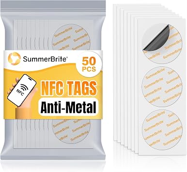 SummerBrite NFC Tags Sticker Anti-Metal NTAG215 Blank NFC Coins, 50 Pcs | Anti-metal layer, NTAG215 chip, 504 bytes, adhesive back, compatible with TagMo & NFC devices, 50 pcs pack