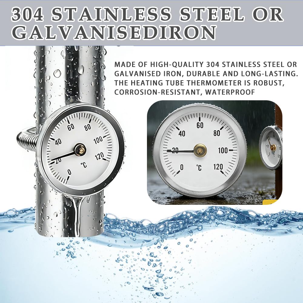6 Stück Anlegethermometer Heizungsrohr, 0-120 °C 63 mm Rohrthermometer Heizungsrohr mit Clip-On Feder, Tragbares Rohrleitungs Thermometer, Kaminofen Rohr Thermomete für Heizanlagen und Kessel