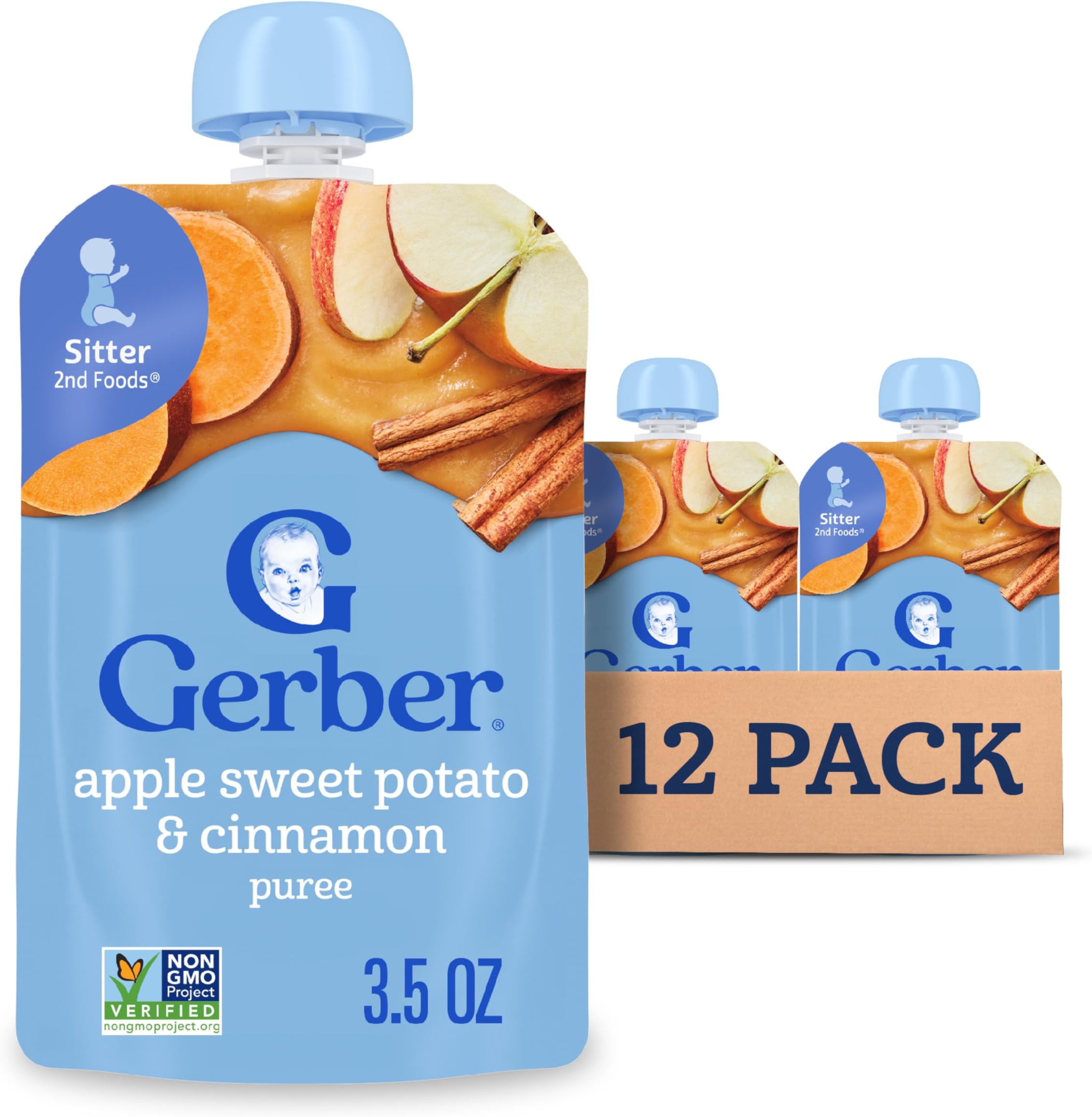 Stage 2 Baby Food, Apple Sweet Potato Cinnamon Puree Pouch, 2 Servings of Fruit & Veggie, No Added Sweetener, No Artificial Colors or Flavors, 12-Pack
