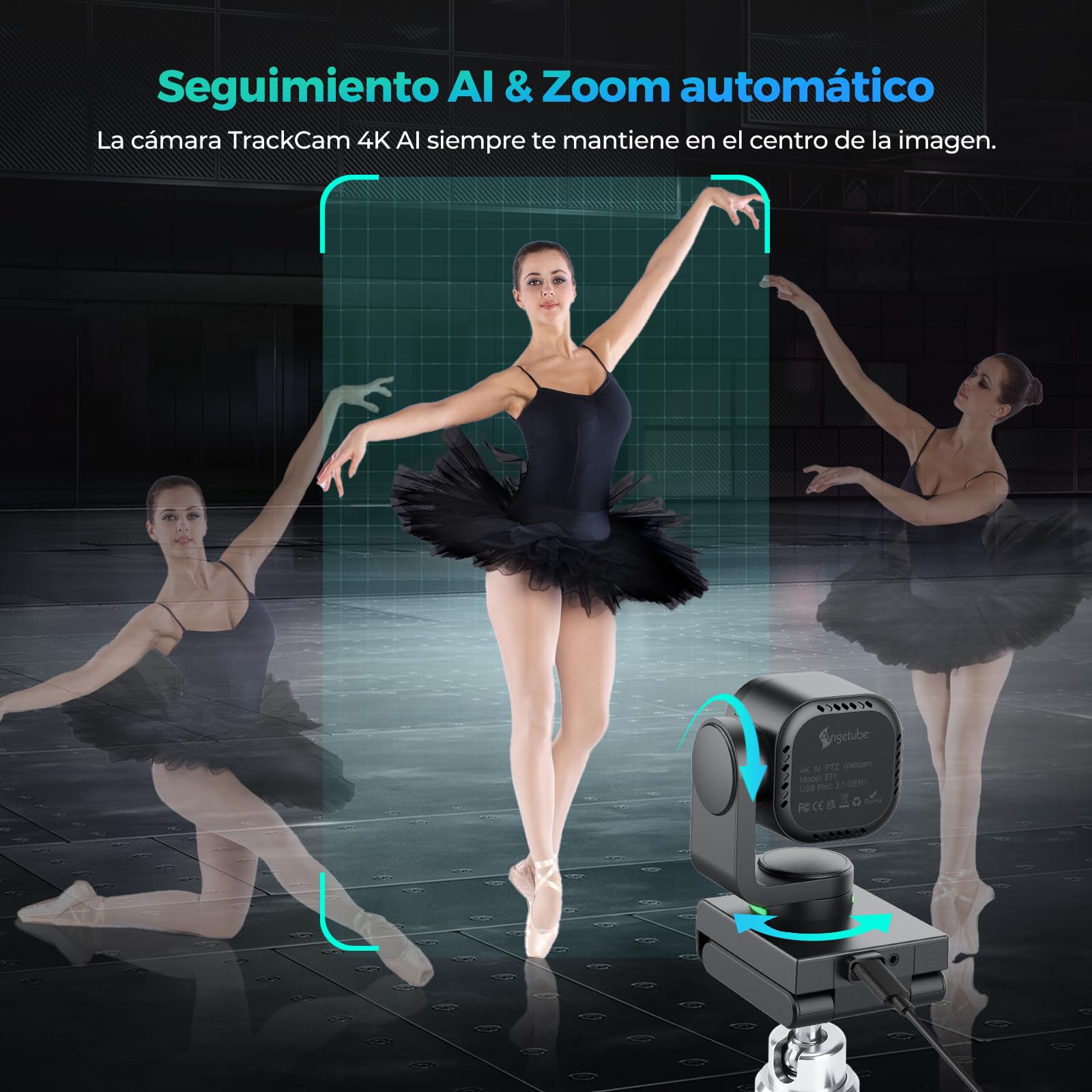 Angetube Webcam 4K con Control por Gestos y Seguimiento AI – Webcam PTZ USB 3.0 para Streaming con micrófonos duales y reducción de Ruido, Enfoque automático TOF, 1080P 60FPS, HDR, para PC/Laptop/Mac