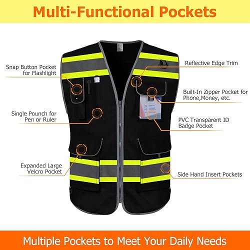 Miniatura 3 de TCCFCCT Hi Vis Chaleco de seguridad reflectante de alta visibilidad con 9 bolsillos para hombres y mujeres, chaleco de trabajo de construcción con