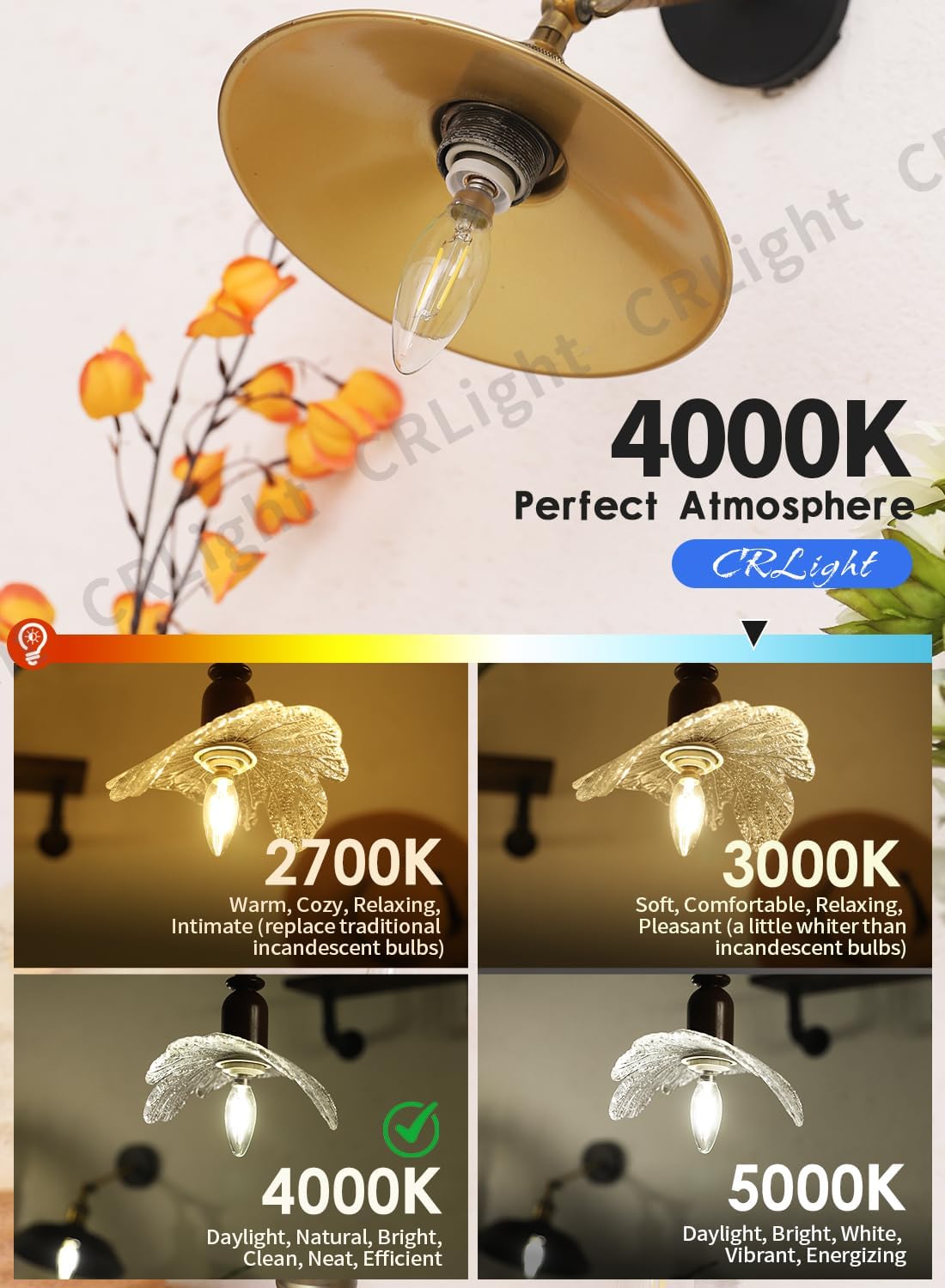 CRLight 2W 4000K Neutral White LED Candelabra Bulb, 30W Equivalent 300LM, E12 Dimmable LED Chandelier Light Bulbs, Antique Style B10 Clear Glass Candle Torpedo Tip, 6 Pack