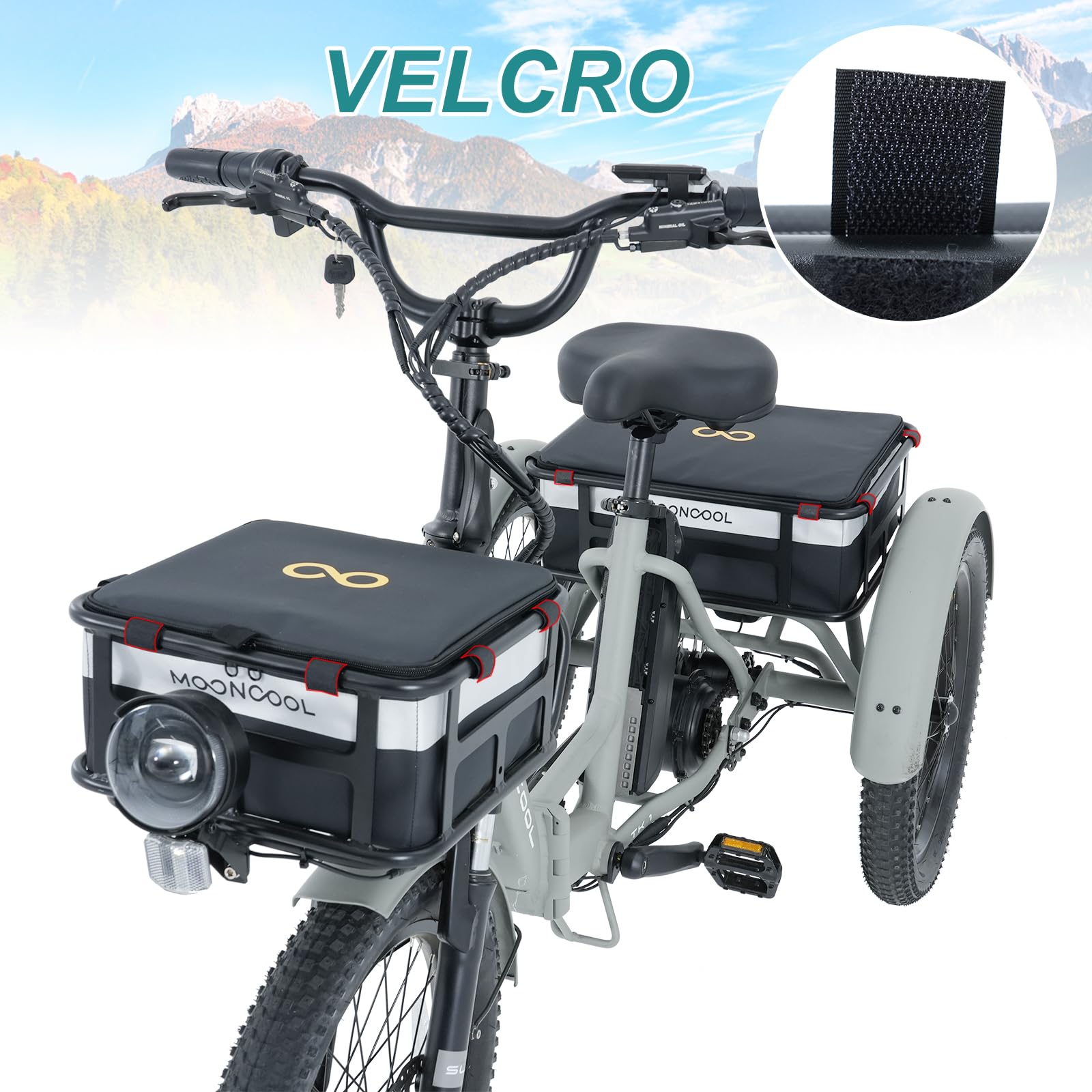 H&ZT TK1 Tricycle Rack Bag – Waterproof 600D Polyester Rear Basket Bag for E-Trike, Quick-Release Pannier with Self-Adhesive Straps and Reflector (Front + Rear Combo)