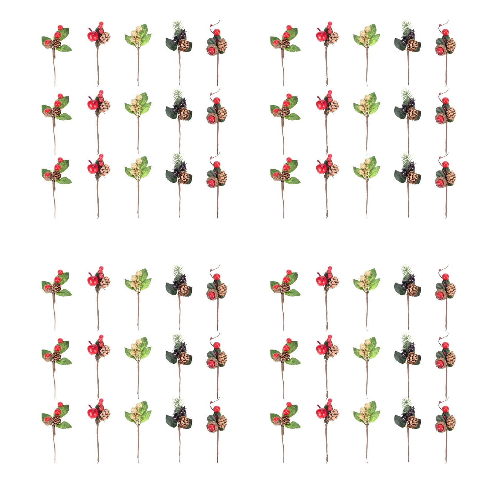 Hndhbfgrt 60Pcs Red Christmas Berry and Pine Cone Picks with Holly Branches for Holiday Floral Decor Flower Crafts