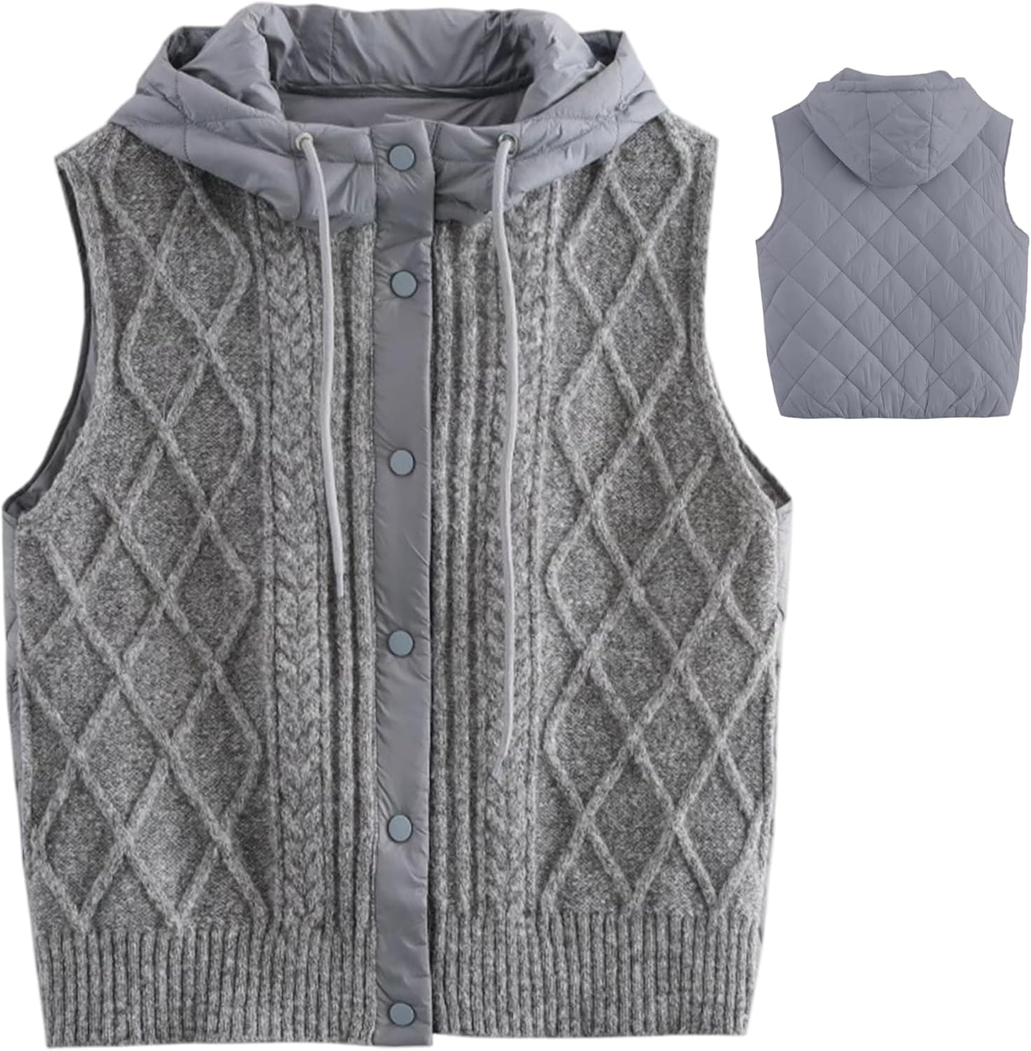 Hooded Vest for Women, Quilted Knit Puffer Back Sleeveless Jacket, Lightweight Warm Winter Vest