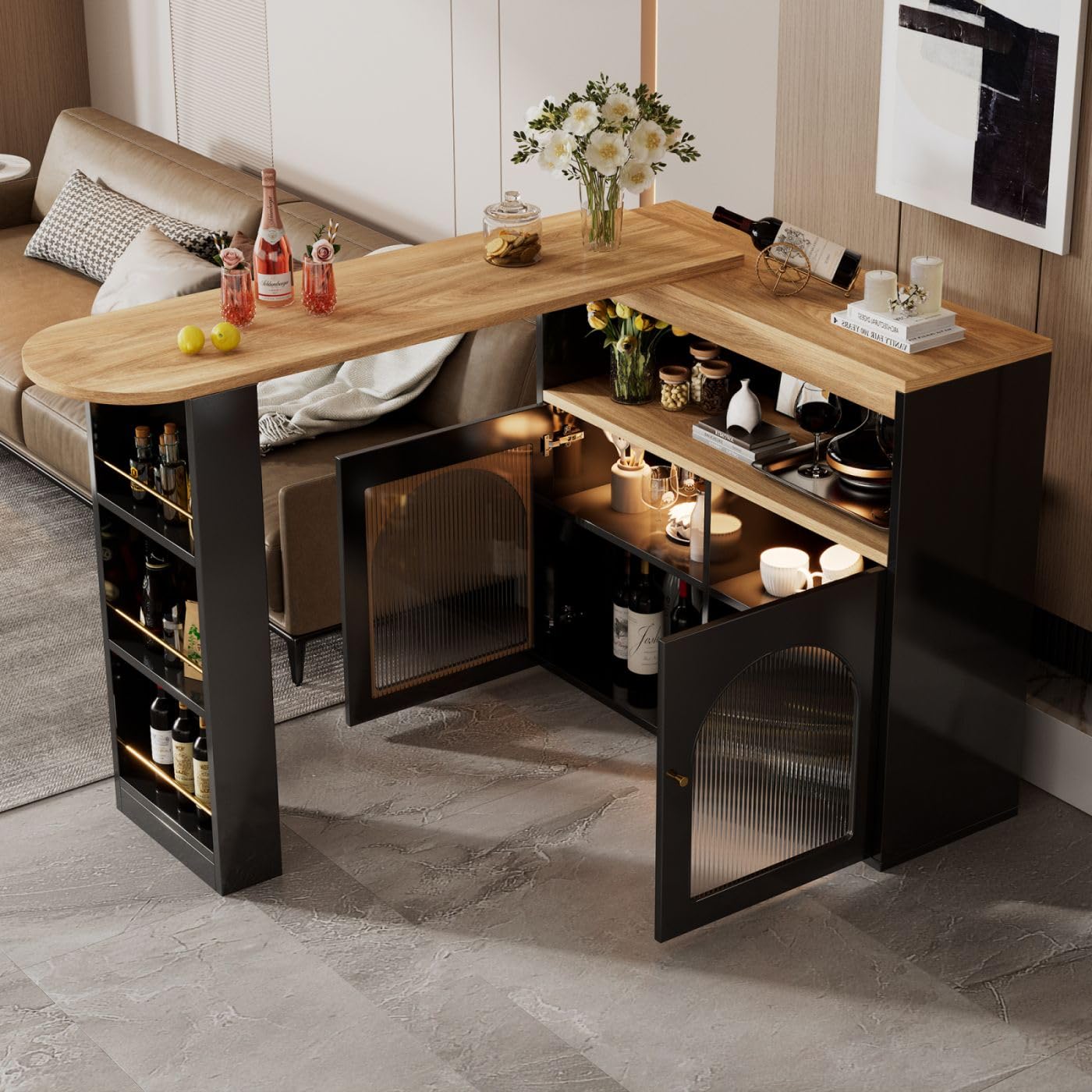 Sweiko Bar télescopique Table Moderne, Table de Salle à Manger télescopique avec Espace de Rangement, pivotante,Meuble de Rangement pour la Salle à Manger (Black)
