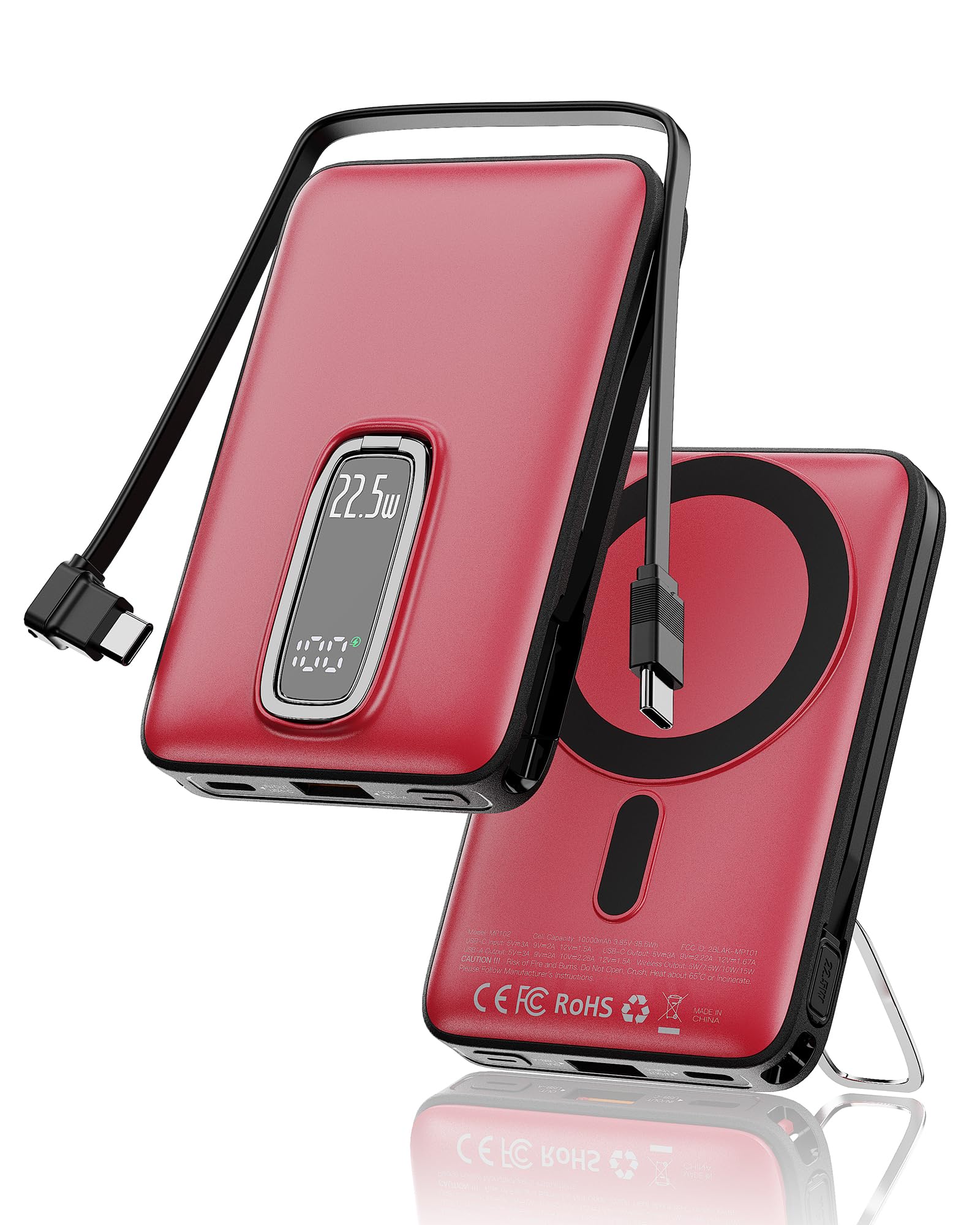 2026 para Magsafe Power Bank con Soporte, Magnética Batería Externa Carga Rapida 10000mAh con Cable USB-C Integrado, Inalámbrica Batería Portatil para iPhone 17 16 15 14 13 12, Rojo