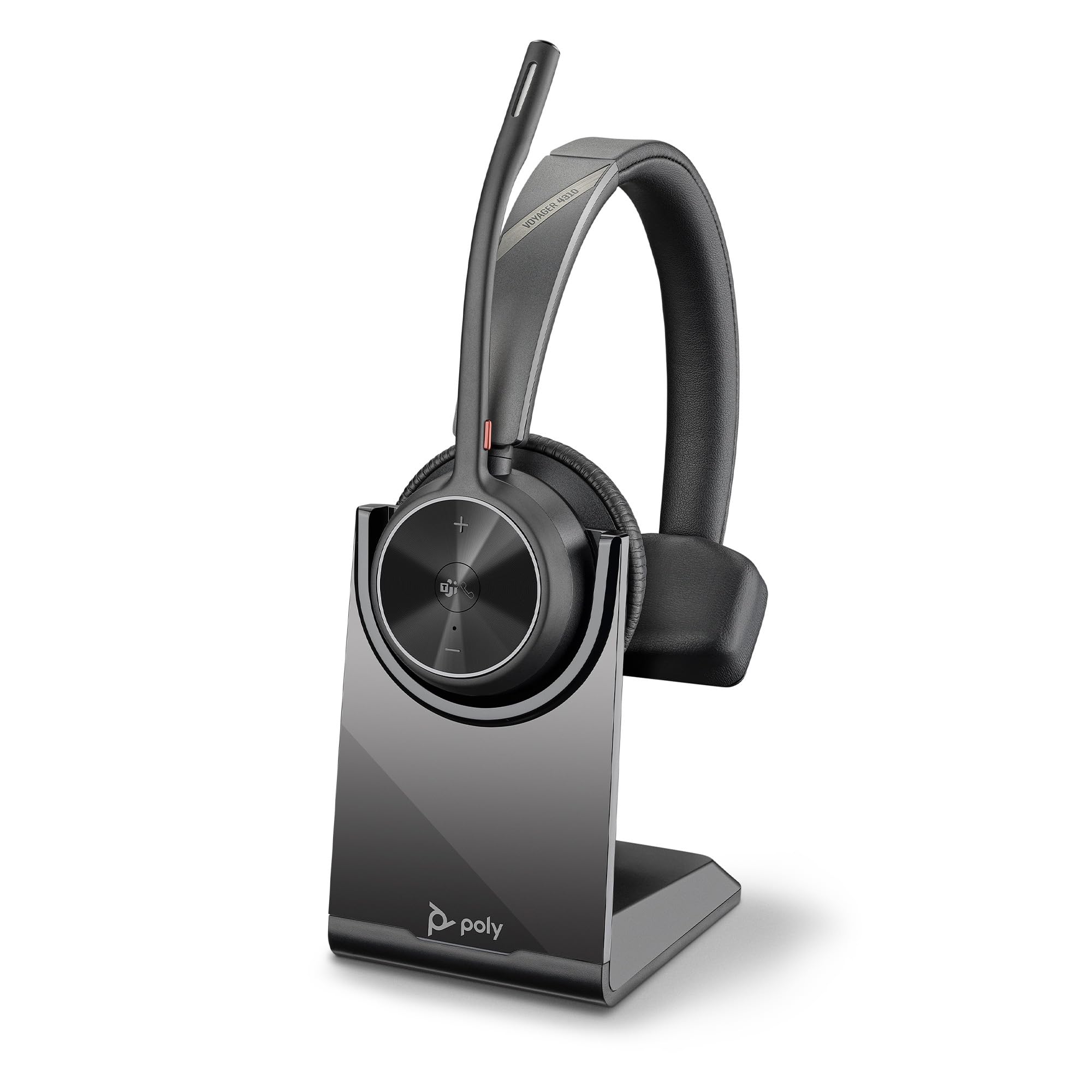 Poly Voyager 4310 UC, Cuffia Monoaurale Senza Filo, Connessione Bluetooth e Dongle USB-C BT700, Cuscinetto in Similpelle, Autonomia 24 Ore, Base per Ricarica, Compatibile con Windows 10 e macOS, Nero