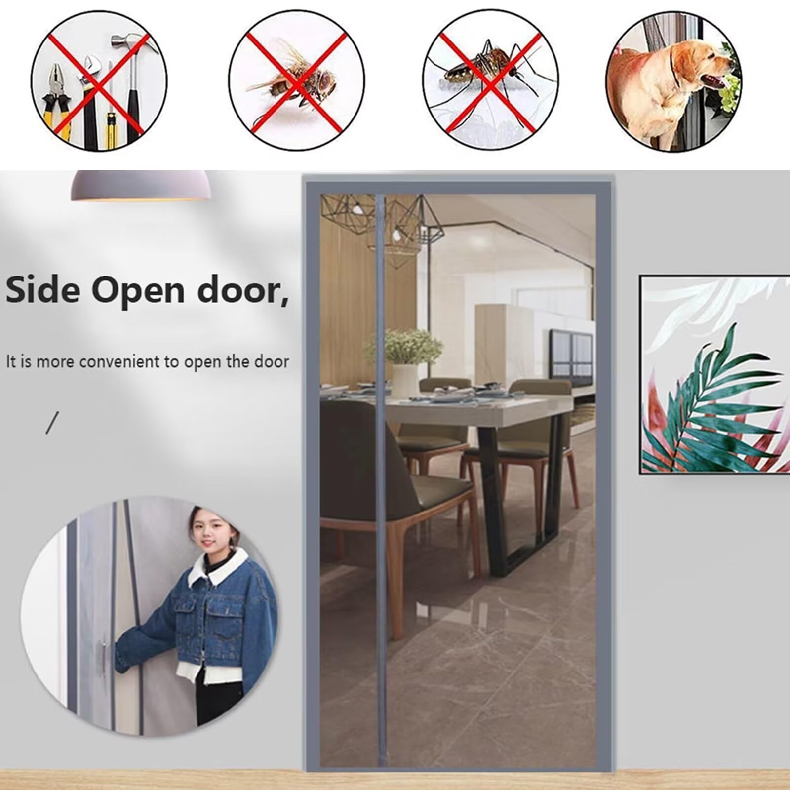 Moustiquaire magnétique pour porte-fenêtre - 130x220 cm - Rideau anti-moustiques pour porte d'entrée avec fermeture automatique par aimants - Anti-moustiques Mouches Insectes,gris