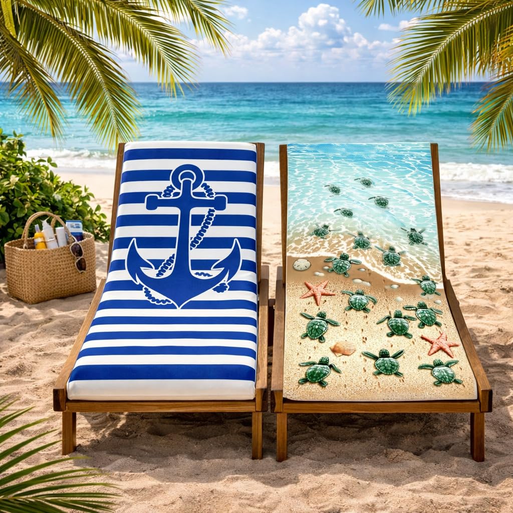 Adore 2 Pack Microfibre Beach Towels 70x140cm - Sand Free Lightweight Quick Dry - Soft Travel Towels for Beach and Pool, Anchor and Turtles
