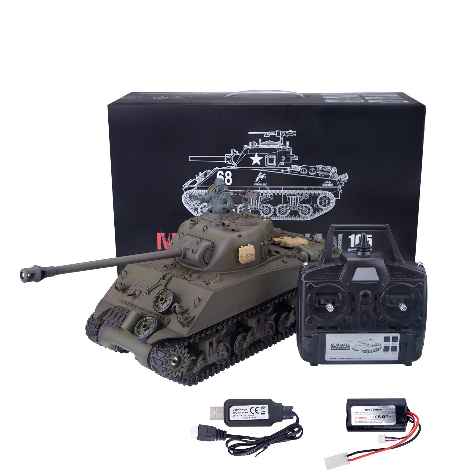 1:16 RC US M4A3 Sherman Tanque mediano, modelo de vehículo militar a control remoto con caja de cambios de acero, humo, sonido, luz, batalla infrarroja, barril retráctil