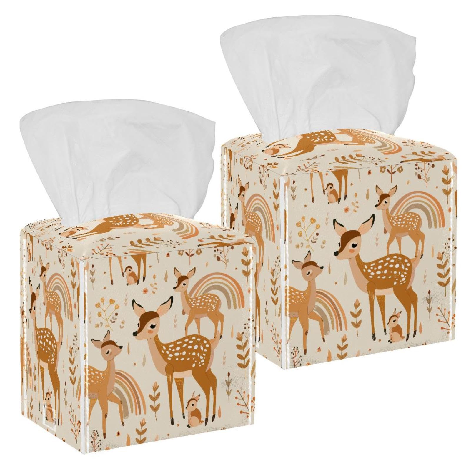Vintage Deers Tissue Box Cover, 2 Pack PU Leather Square Facial Tissue Dispenser Box holder for Home Office Car