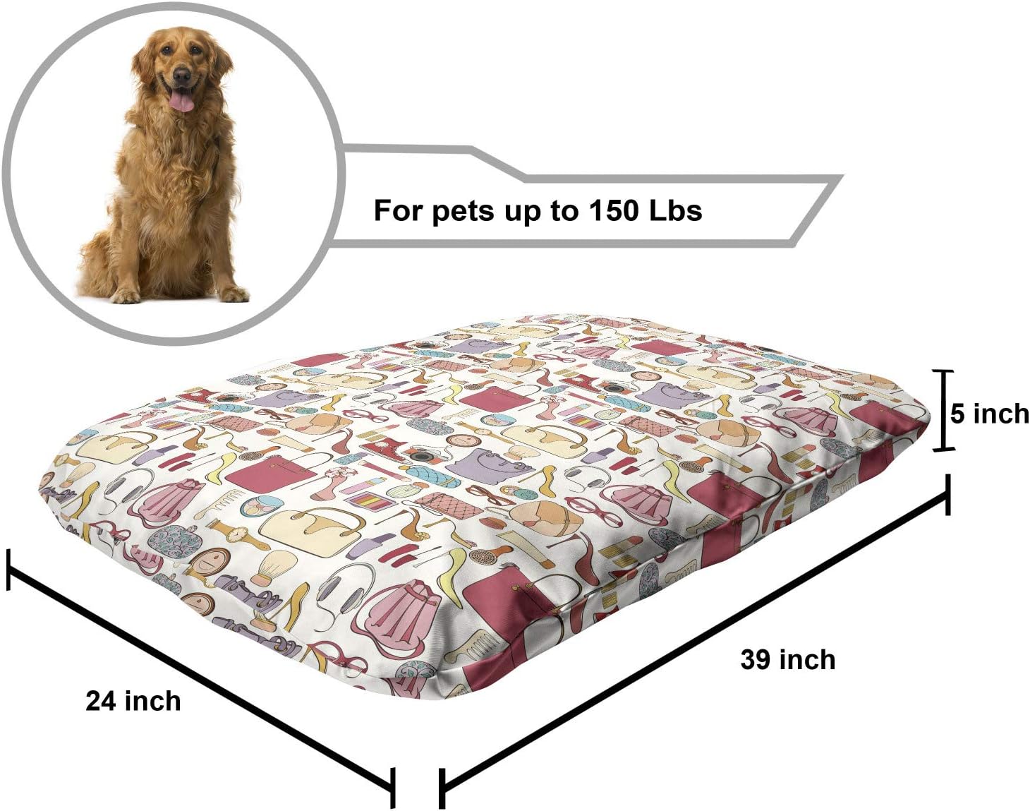 review Ambesonne Fashion Pet Bed, Concept of Scattered Women Cosmetics and Accessories Bags Shoes Make up Camera, Chew Resistant Pad for Dogs and Cats Cushion with Removable Cover, 24