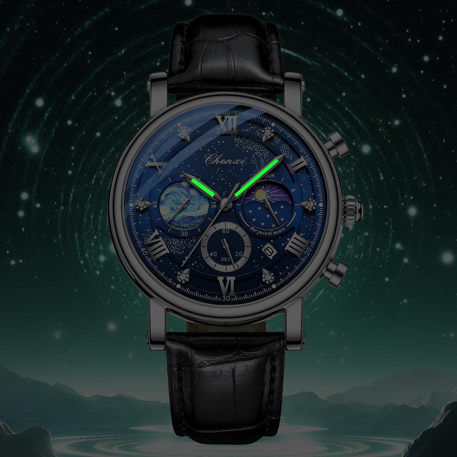 JewelryWe Orologio da Polso da Uomo in Pelle: Orologio da Polso Impermeabile Multifunzione Quadrante con Decorazione Notturna Van Gogh Starry Night con Cronografo e Calendario