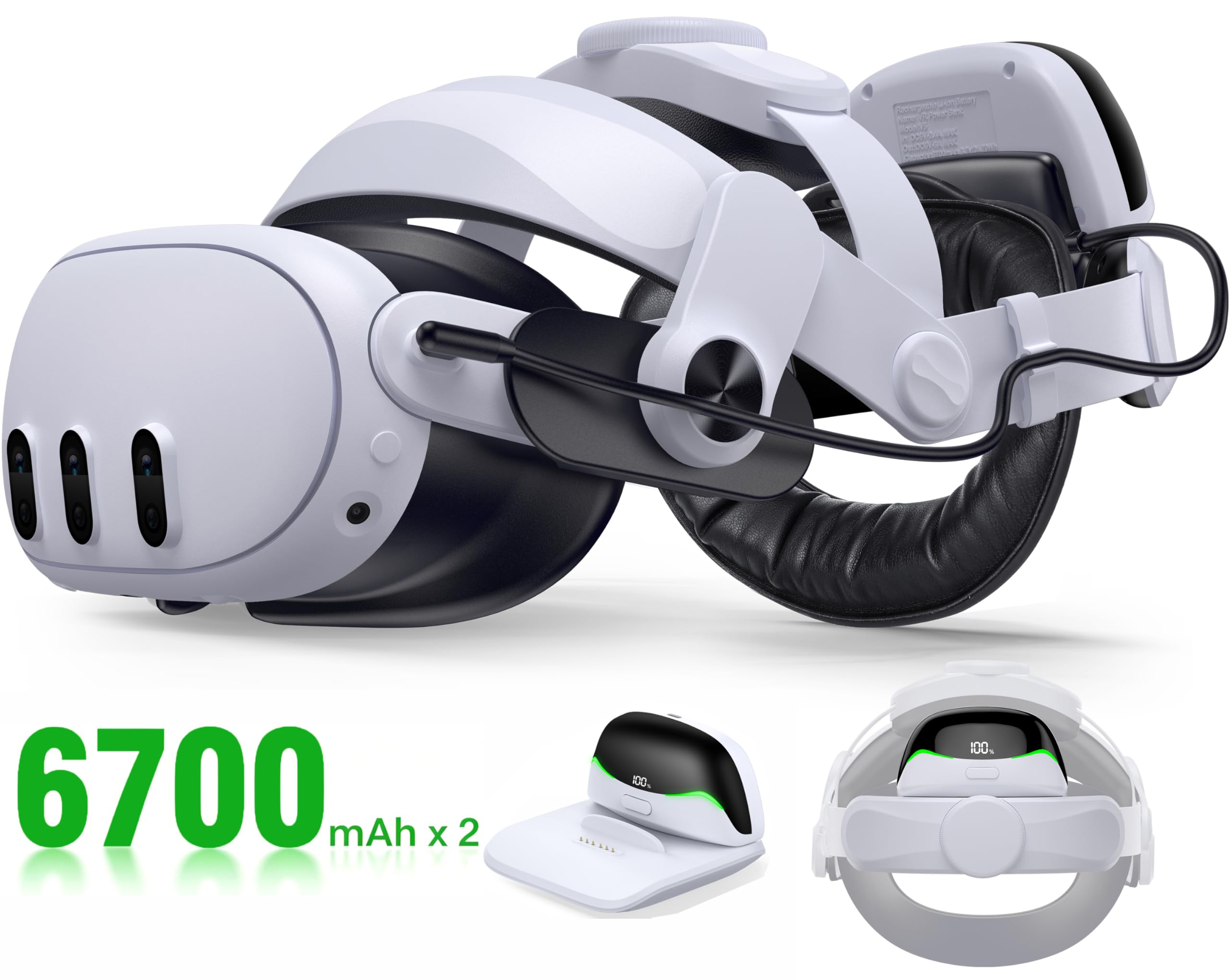 Battery Head Strap for Meta Quest 3/3S/2 with Magnetic, Detachable &amp; Hot-Swappable 6700mAh×2 Batteries and Charging Dock, Extends 4–6H Playtime, Comfortable VR Headset Strap - MQ4002